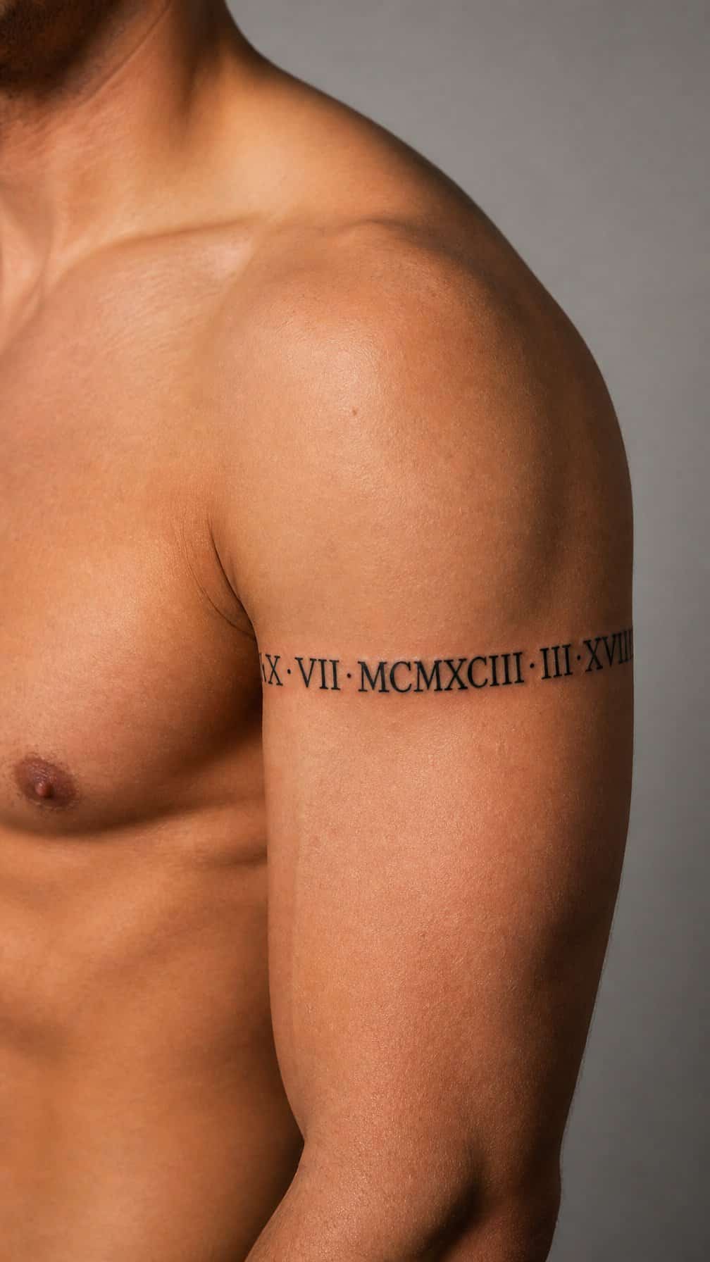 Close-up of a shoulder and upper arm featuring a Roman numeral tattoo band.