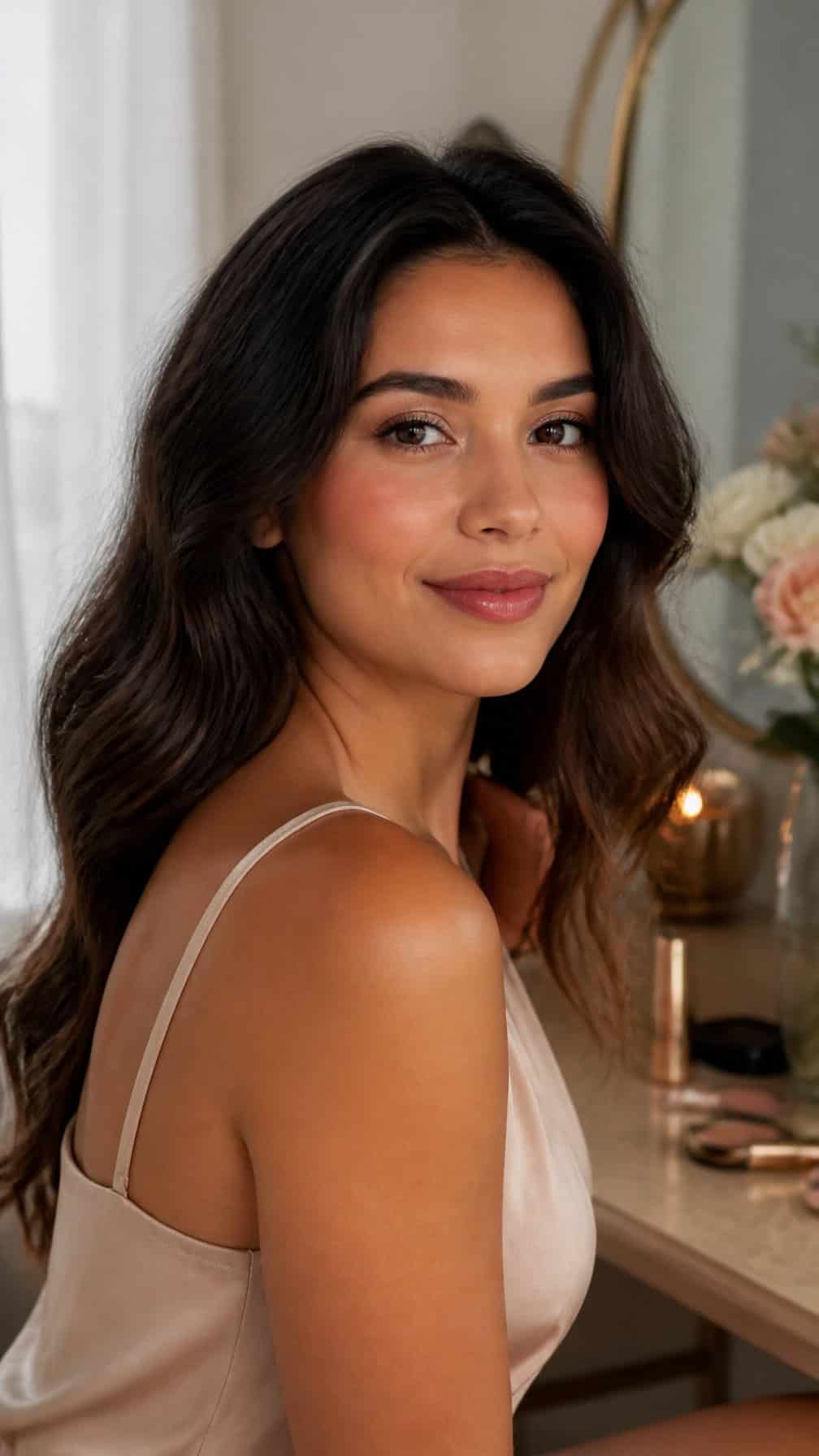 A woman with softly romantic makeup sits at a vanity in warm natural light.