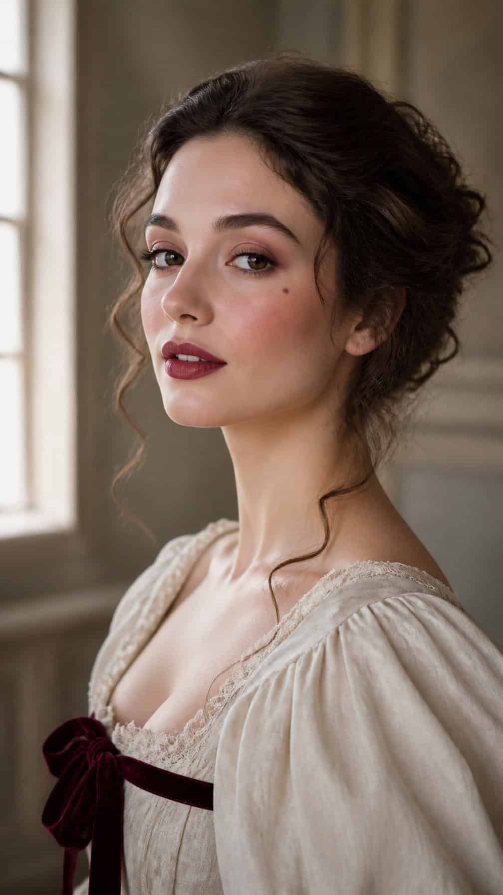 Woman wearing elegant Renaissance-inspired makeup and clothing in a softly lit interior.
