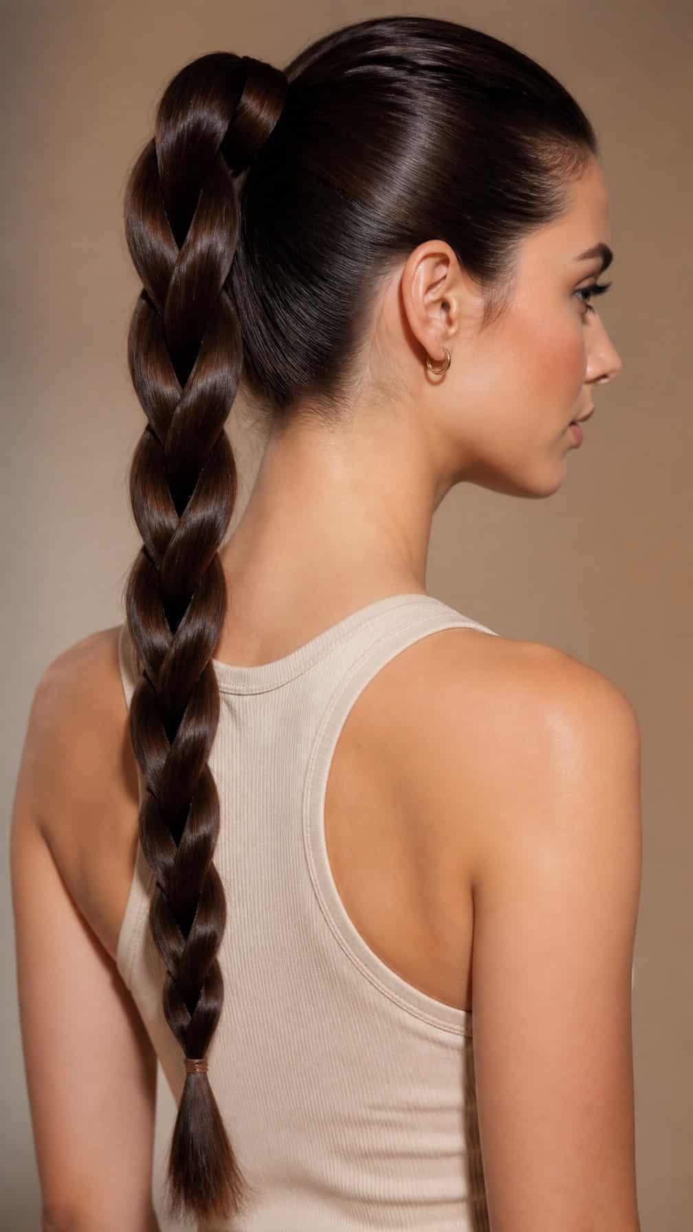 Woman wearing a long rope braid ponytail.