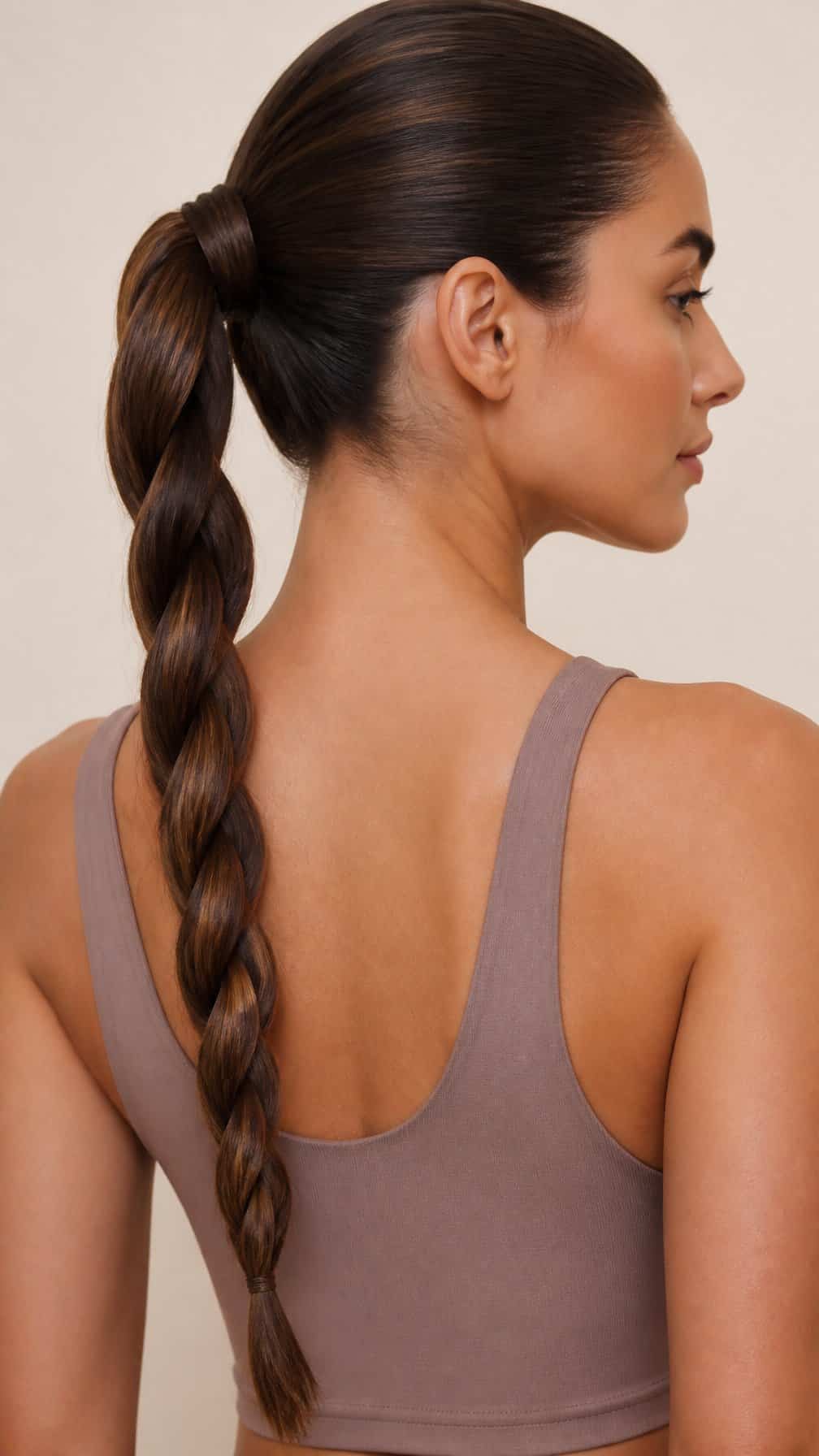 Woman with long hair styled in a rope braid ponytail.