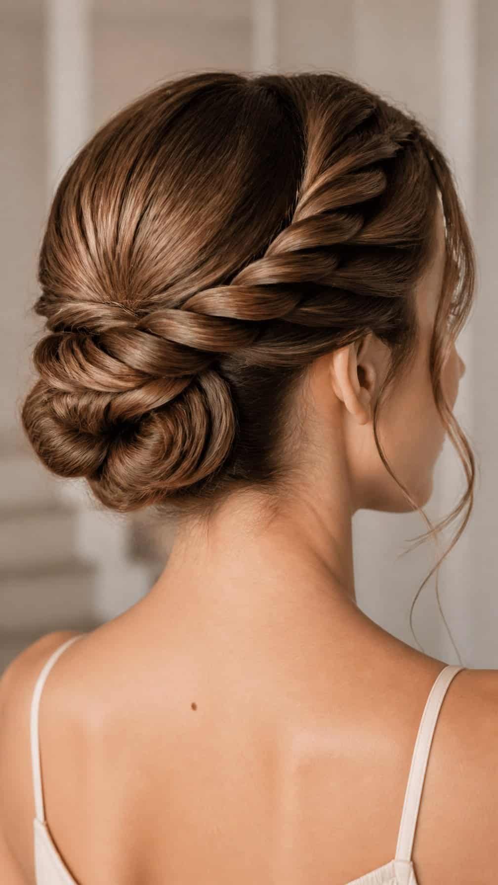 Woman wearing a twisted rope braid arranged into an updo.