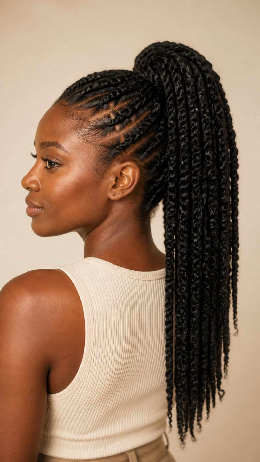 A woman with coily hair styled in a high ponytail made of rope-like twists.