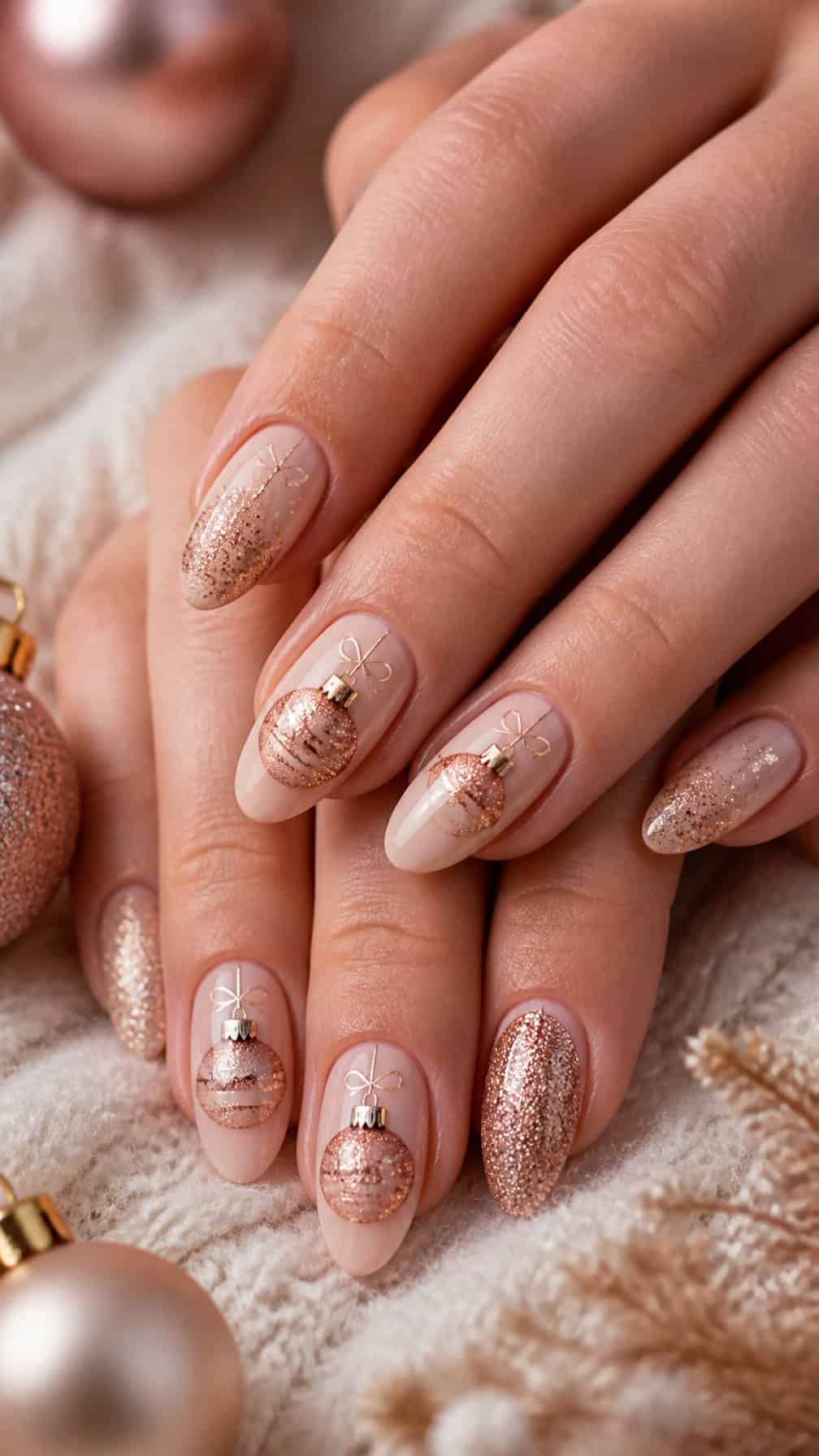 Close-up of a hand with elegant rose gold Christmas bauble nail art.