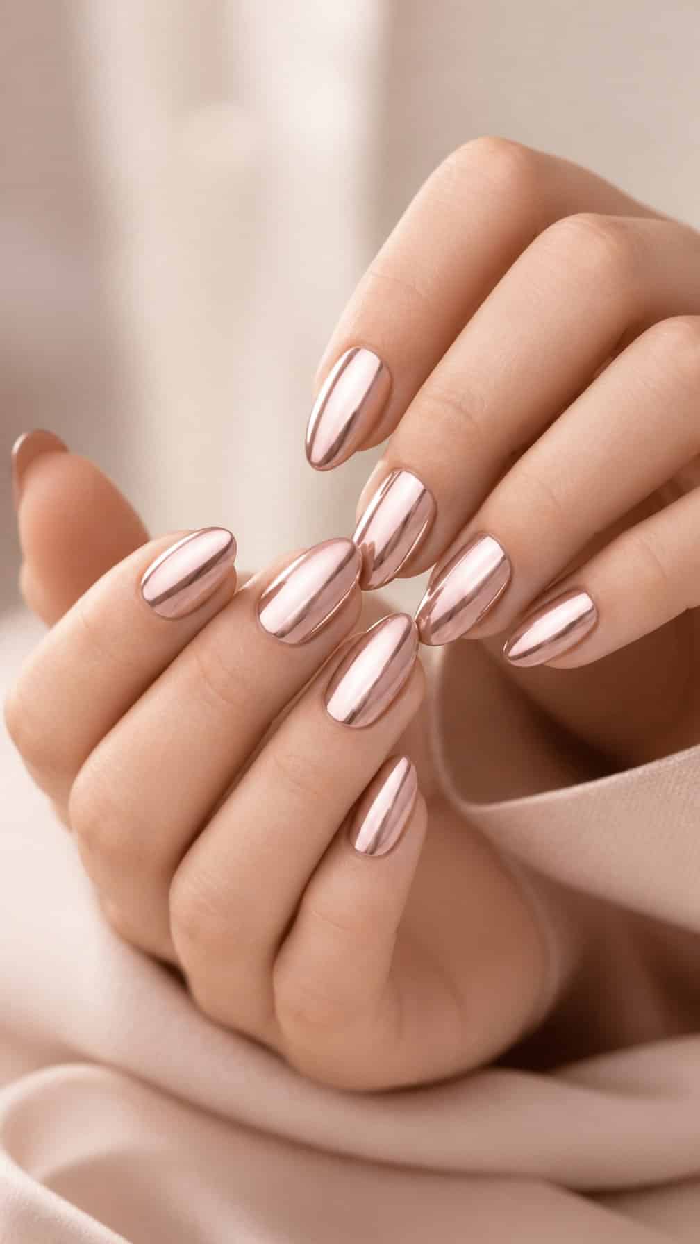 A close-up of a hand with shiny rose gold chrome manicured nails.