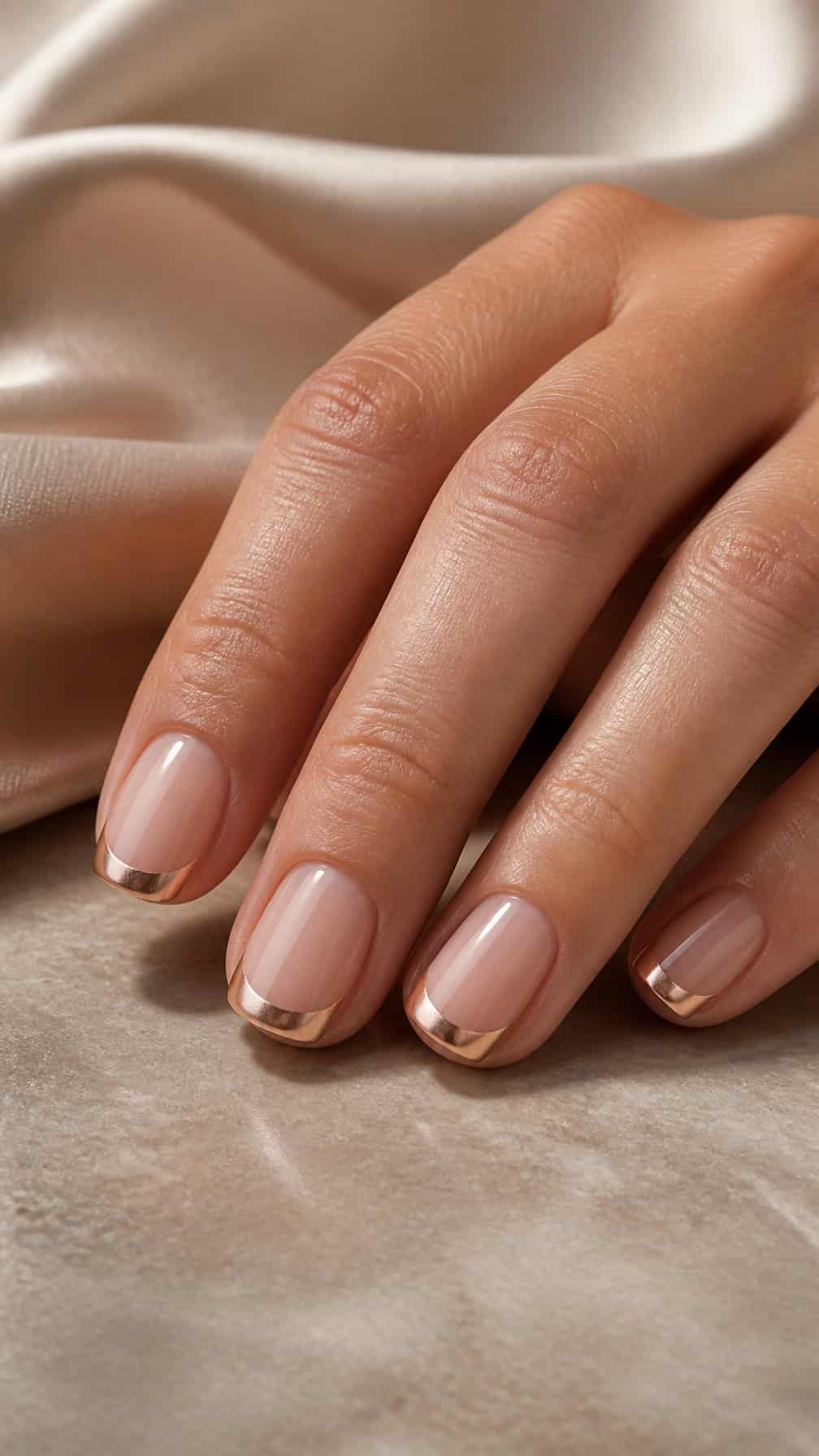 A hand with short nails featuring glossy rose-gold French tips on a sheer nude base.