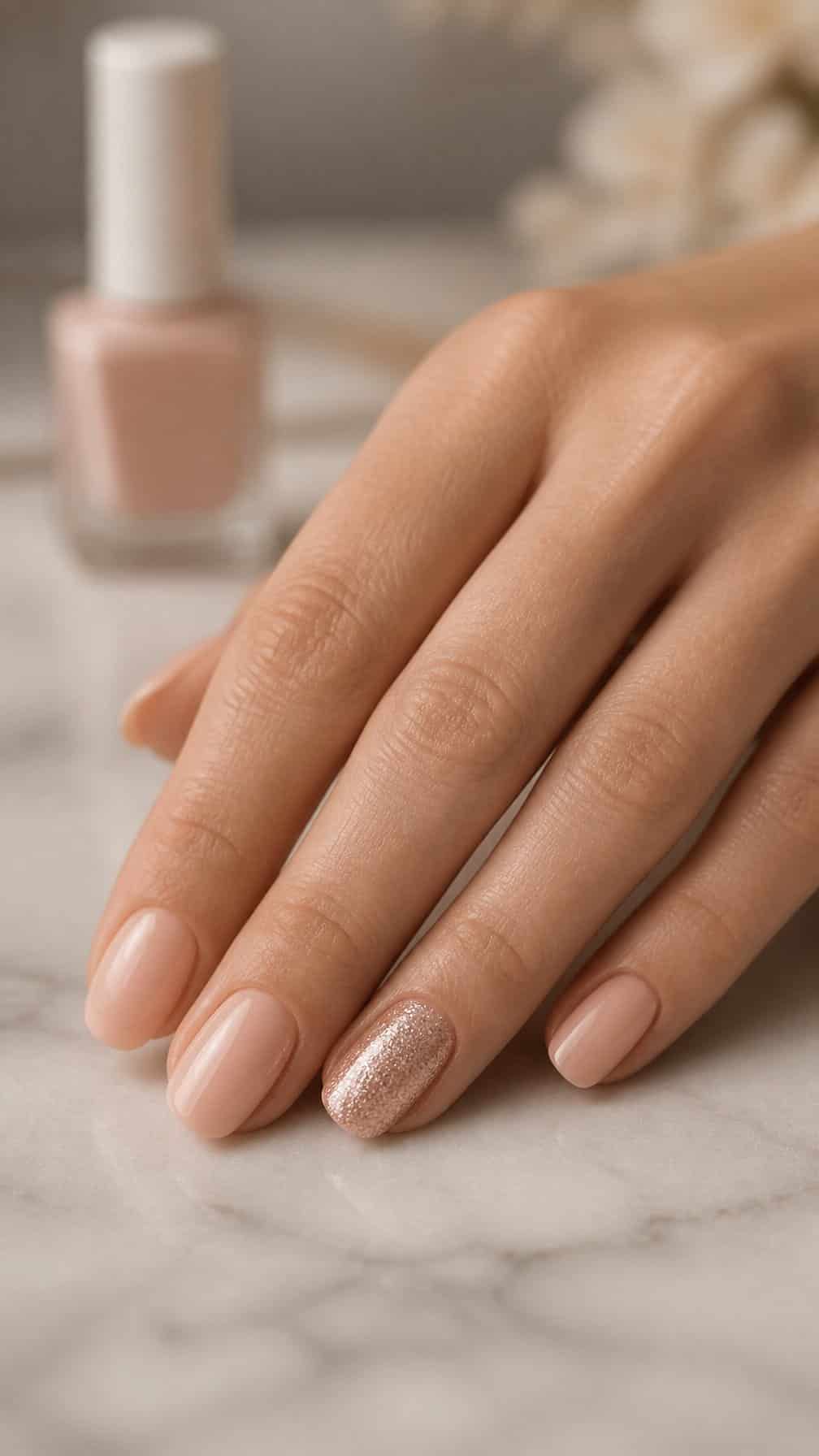 A manicured hand displays nude nails with one rose-gold glitter accent nail.