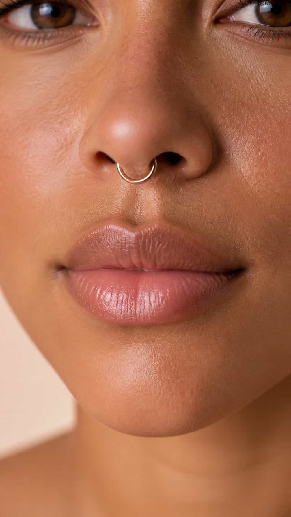 Close-up of a person wearing a small rose gold hoop septum piercing.