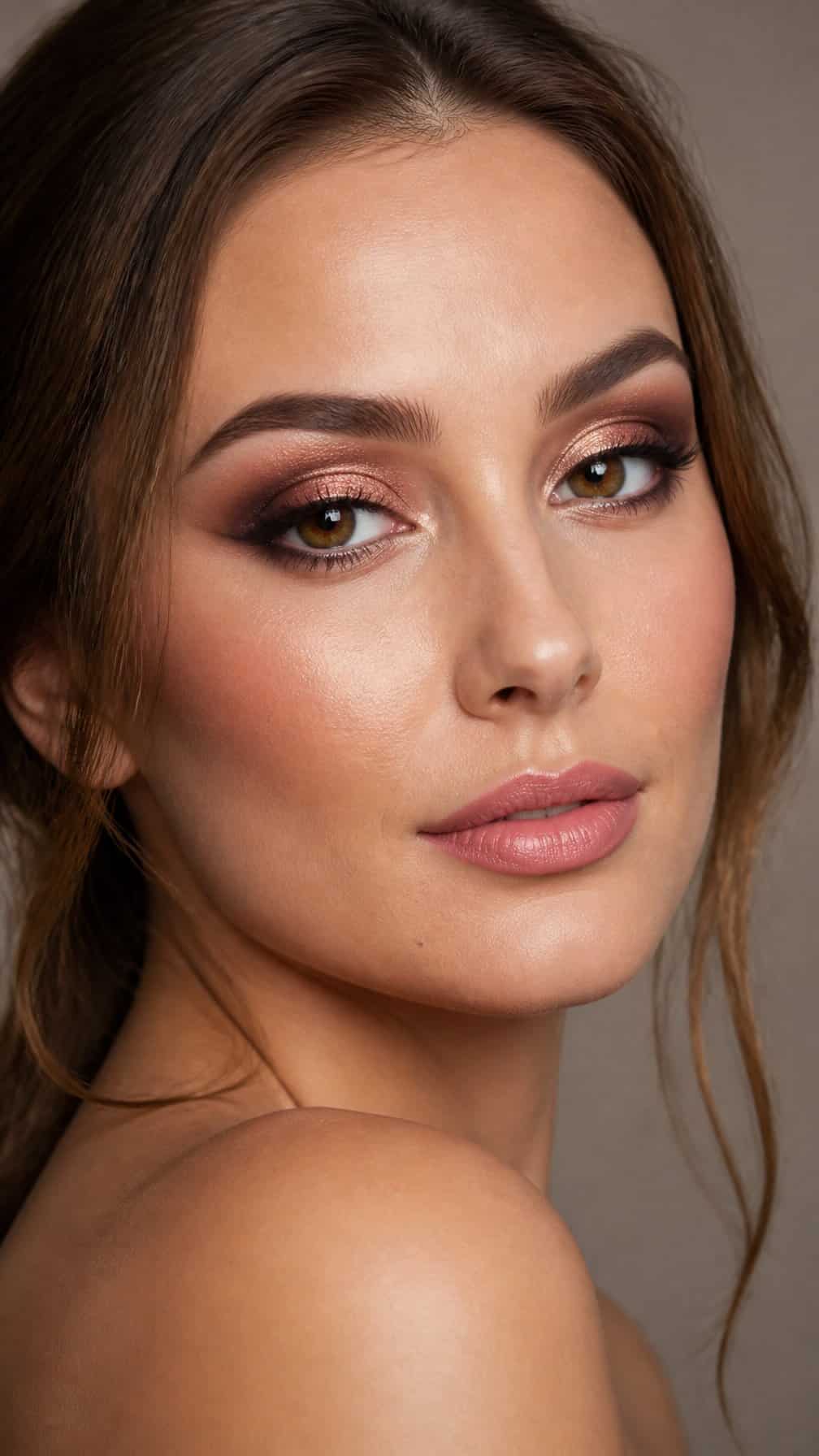Close-up portrait of a woman wearing rose gold smoky eye makeup.