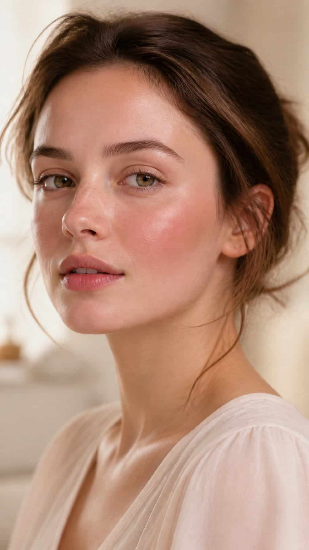 Woman wearing natural makeup with softly flushed rose-toned cheeks.