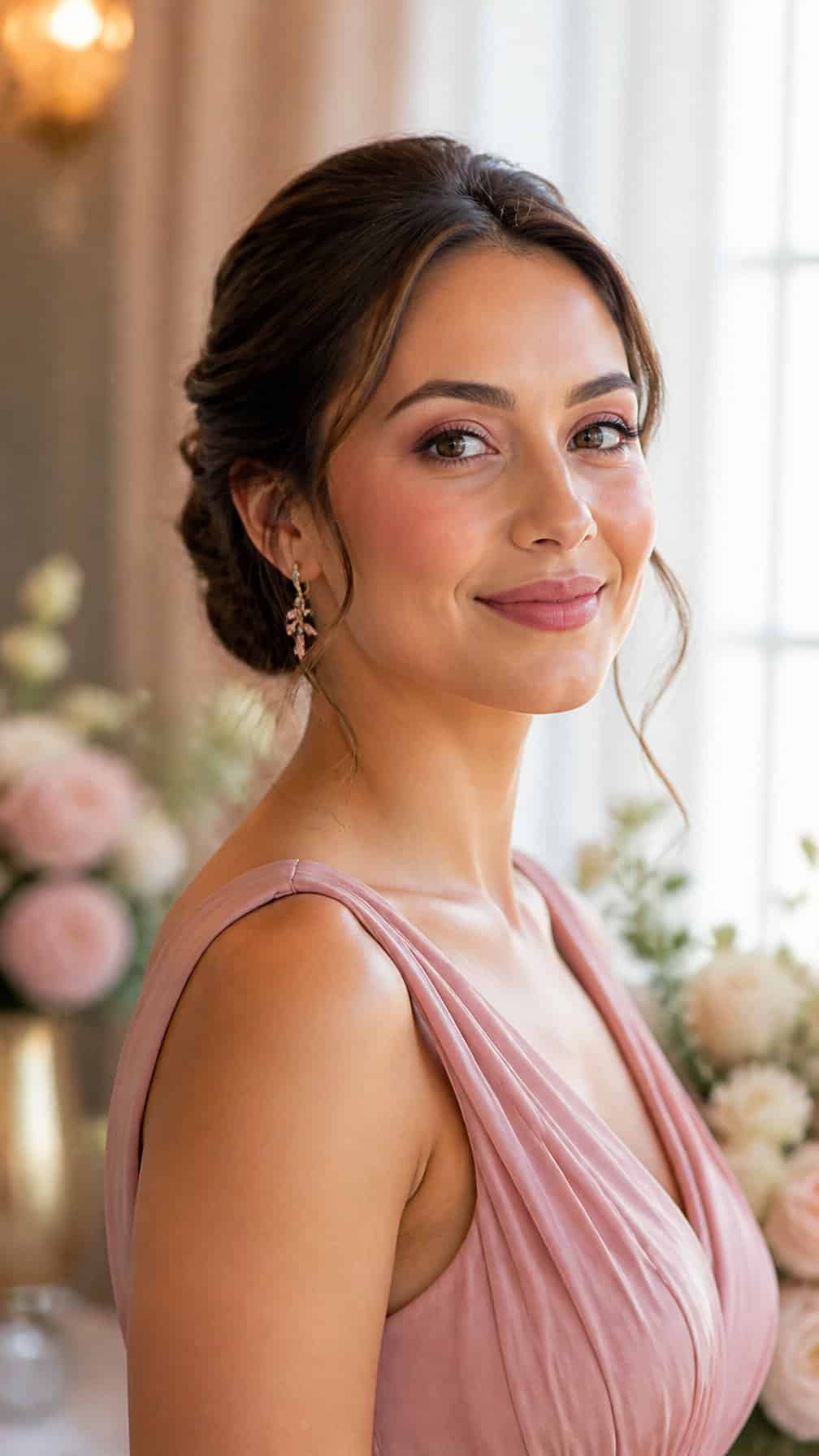 A bridesmaid wearing rose-toned makeup in a softly lit wedding preparation room.