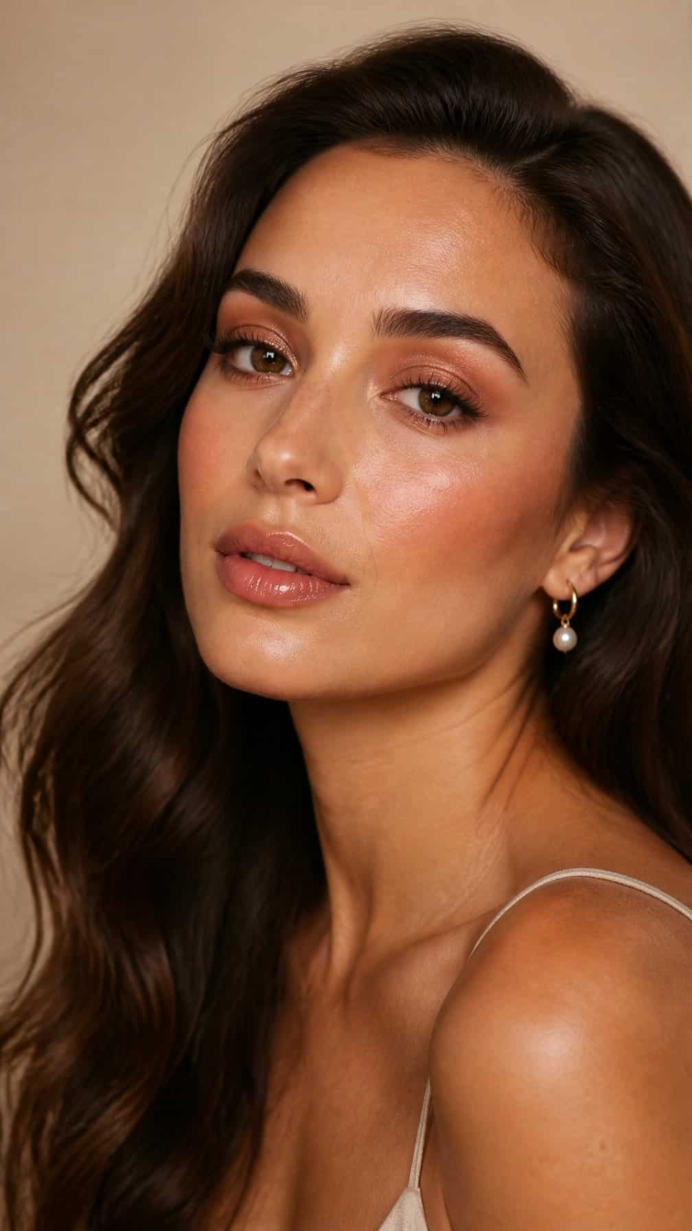Woman wearing rosy bronze makeup with softly blended eyeshadow, glowing skin, rosy cheeks, and glossy nude lips.