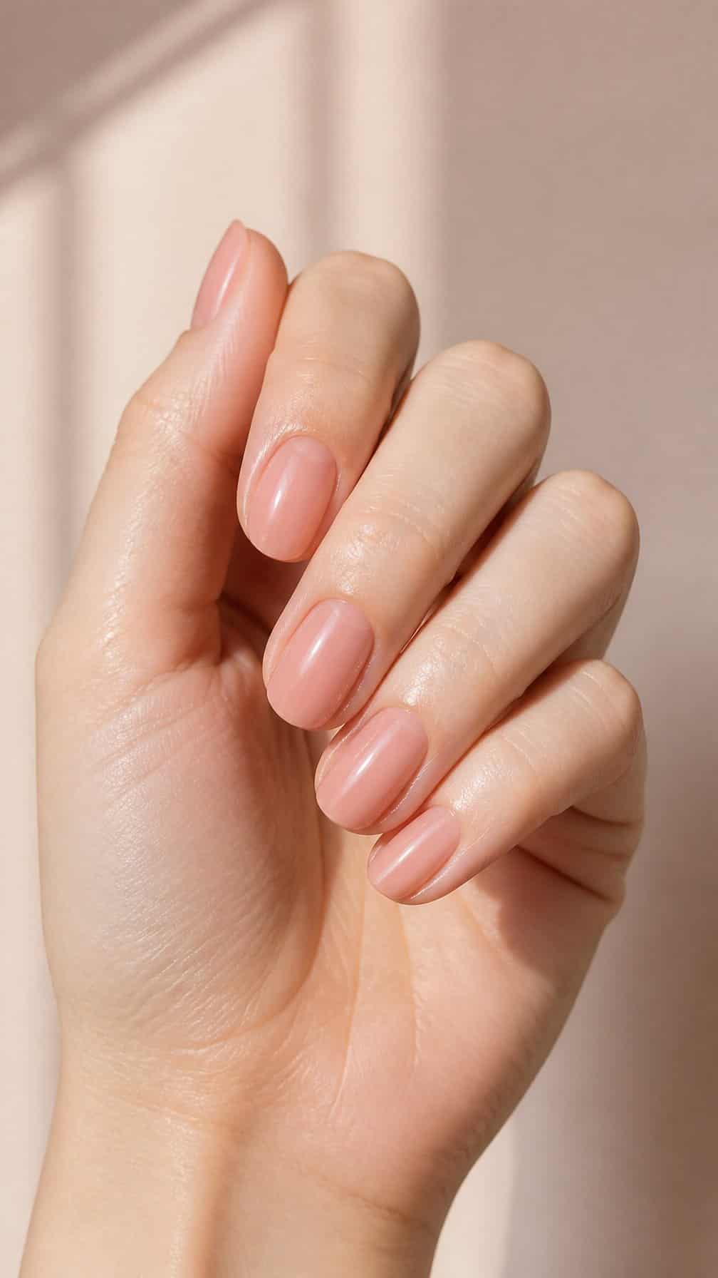 A hand with short nails painted in a sheer rosy pink polish.