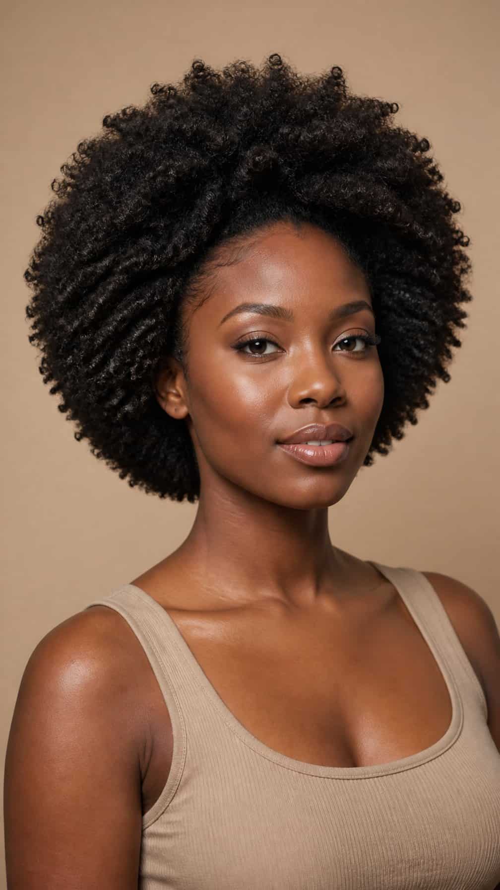 A Black woman with a rounded afro of tightly coiled natural hair poses against a plain background.