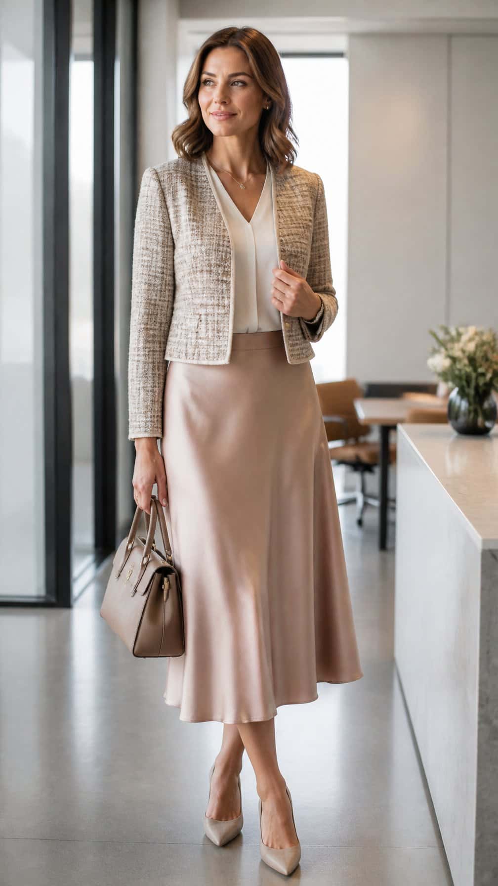 A woman in a satin midi skirt and cropped tweed jacket standing in a modern office.