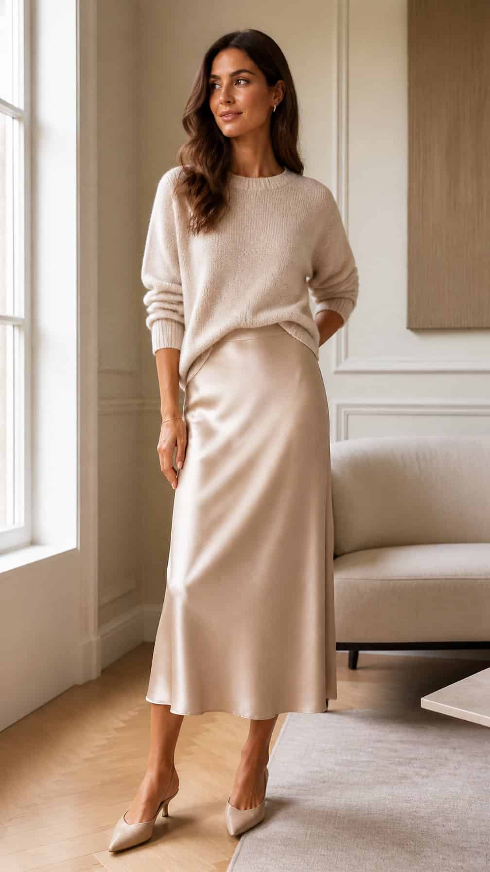 A woman wearing a satin midi skirt and knit sweater stands in a bright, elegant interior.