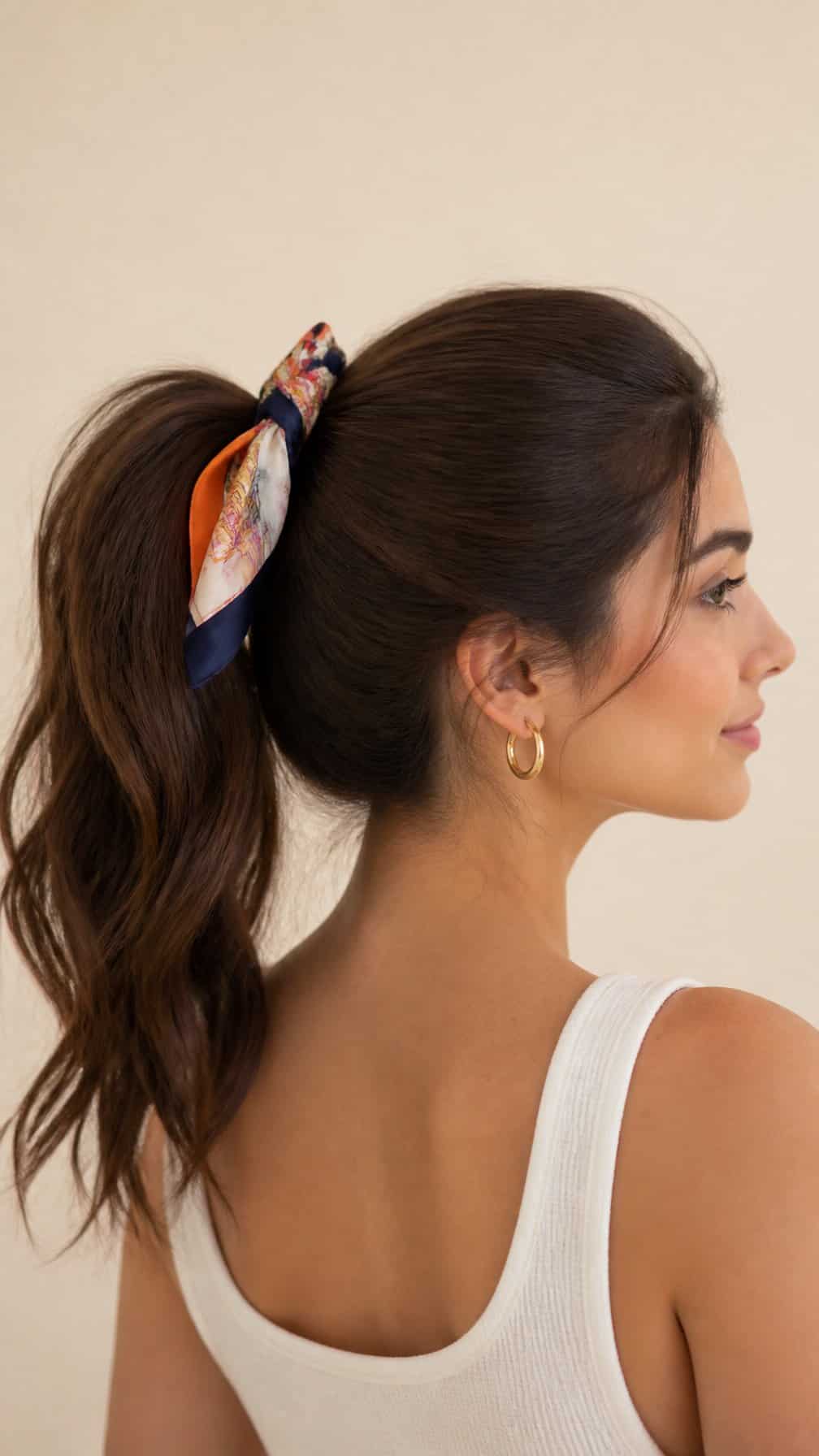 Woman with a colorful scarf wrapped around a high ponytail.