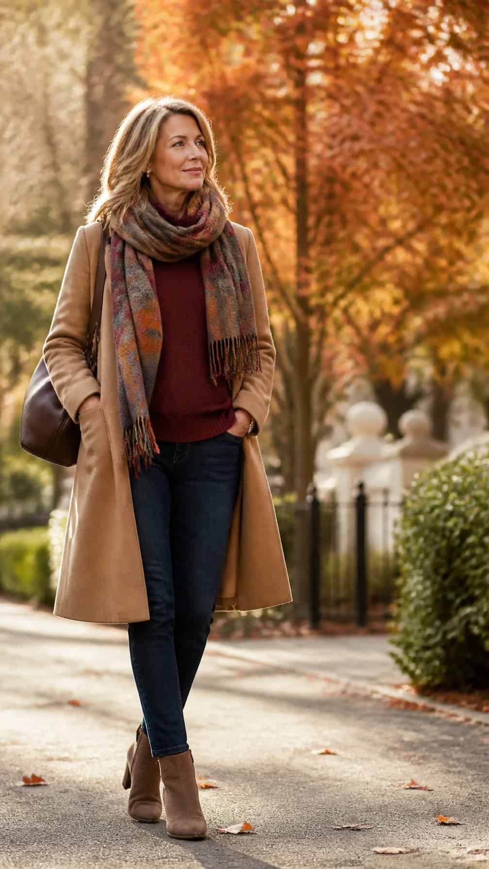 A confident woman in elegant layered fall clothing standing outdoors among autumn foliage.