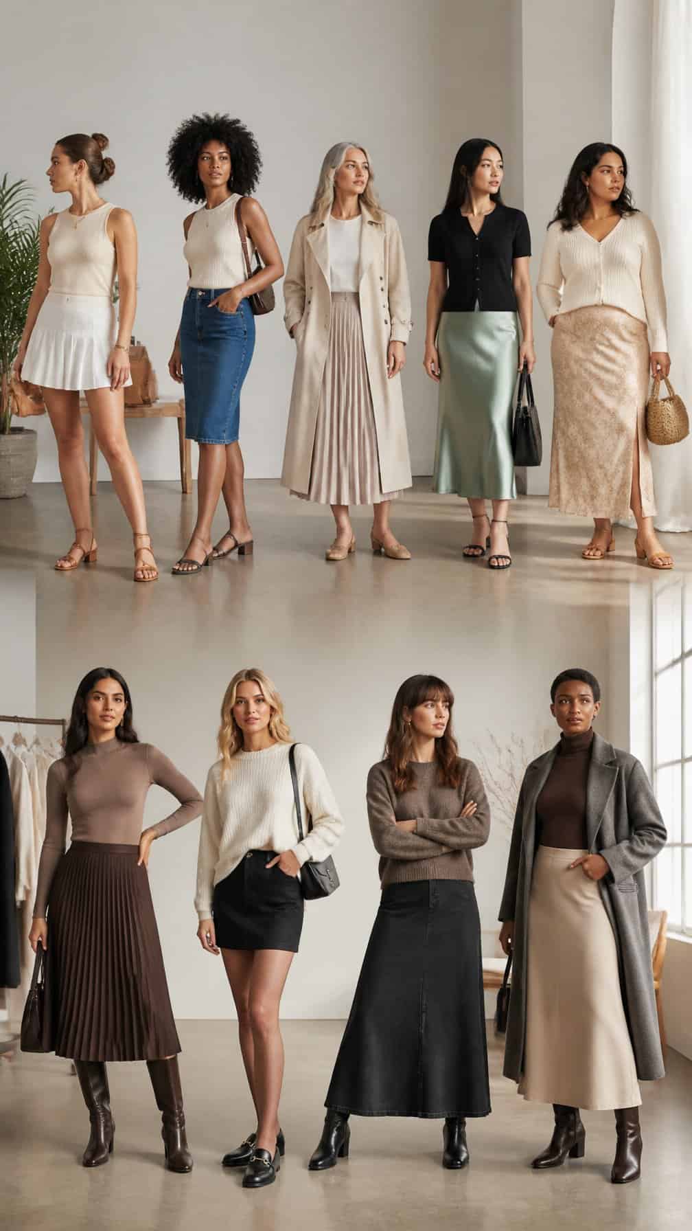 A group of adults models wearing skirts of different lengths with seasonal layers and accessories in a bright studio.
