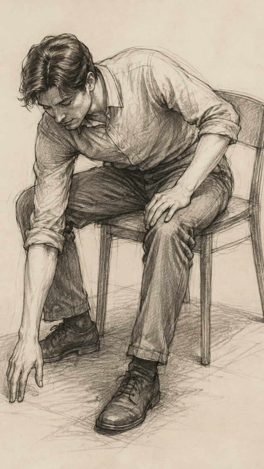 A hand-drawn artwork of seated figure reaching toward the floor.