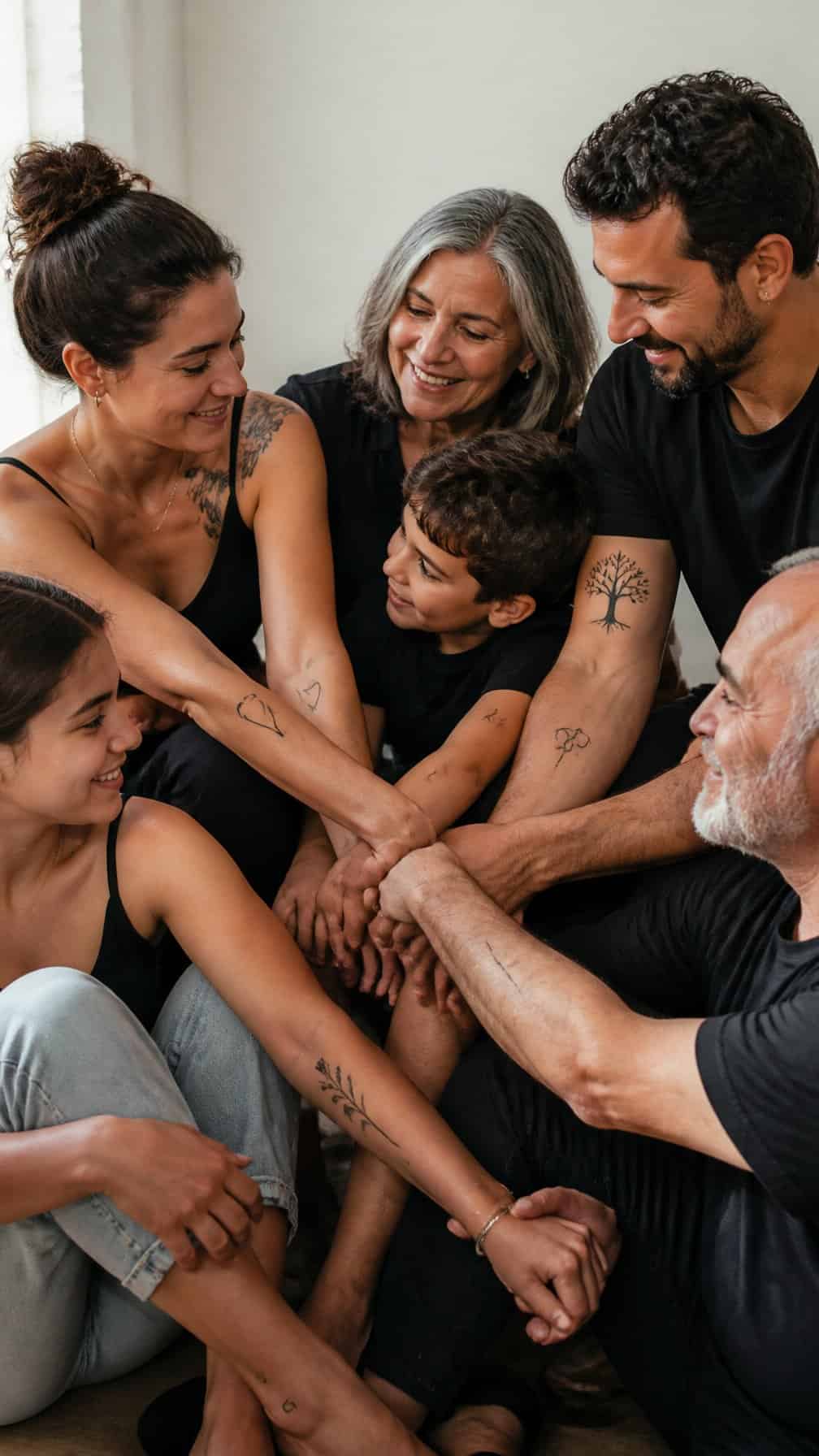 Several generations of a family gather affectionately, showing small symbolic tattoos on their arms and wrists.