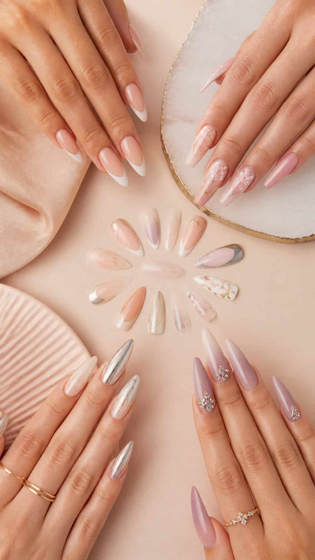 Several hands display long manicured nails with varied elegant designs and colors.