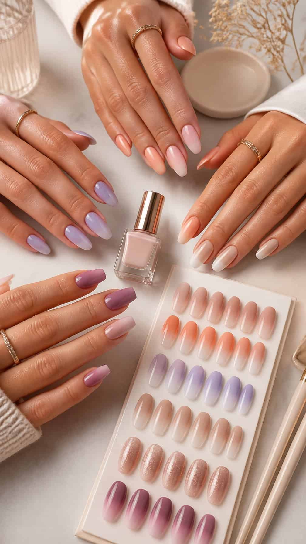 Several hands display neatly manicured ombre nails in soft pink, peach, lavender, beige, and mauve shades.