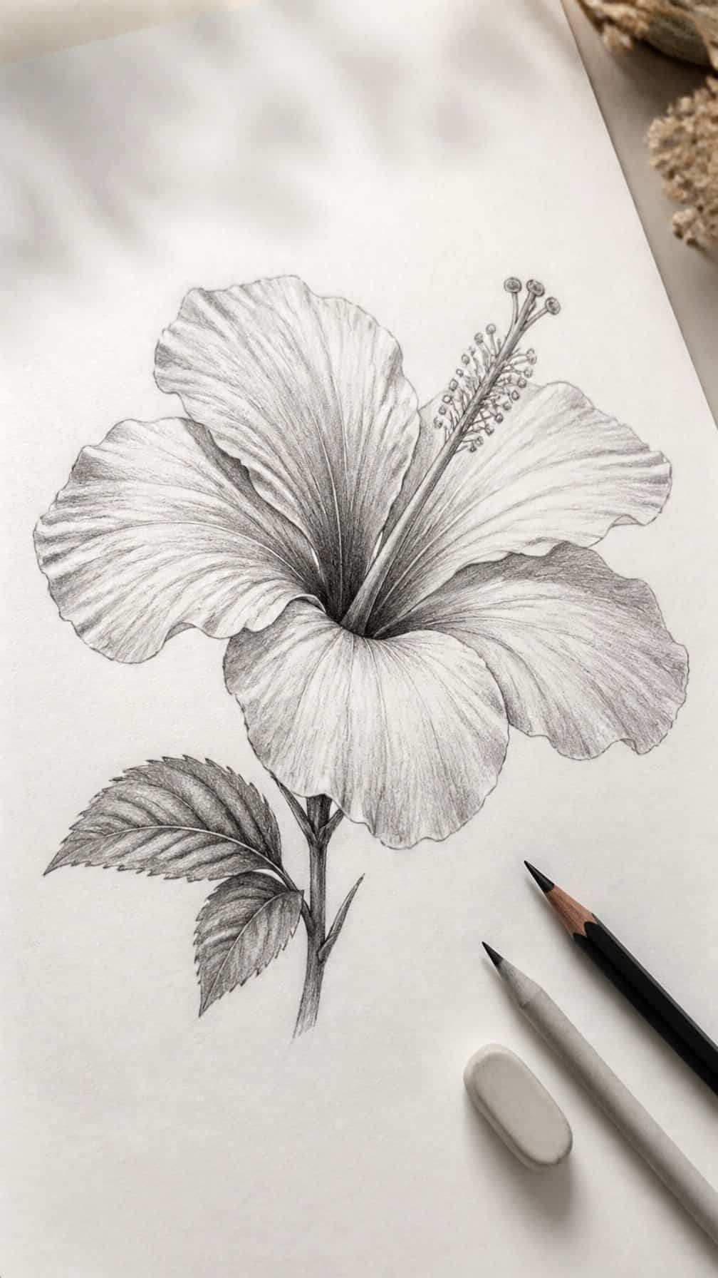 A shaded hibiscus flower drawing on a sheet of paper beside drawing tools.