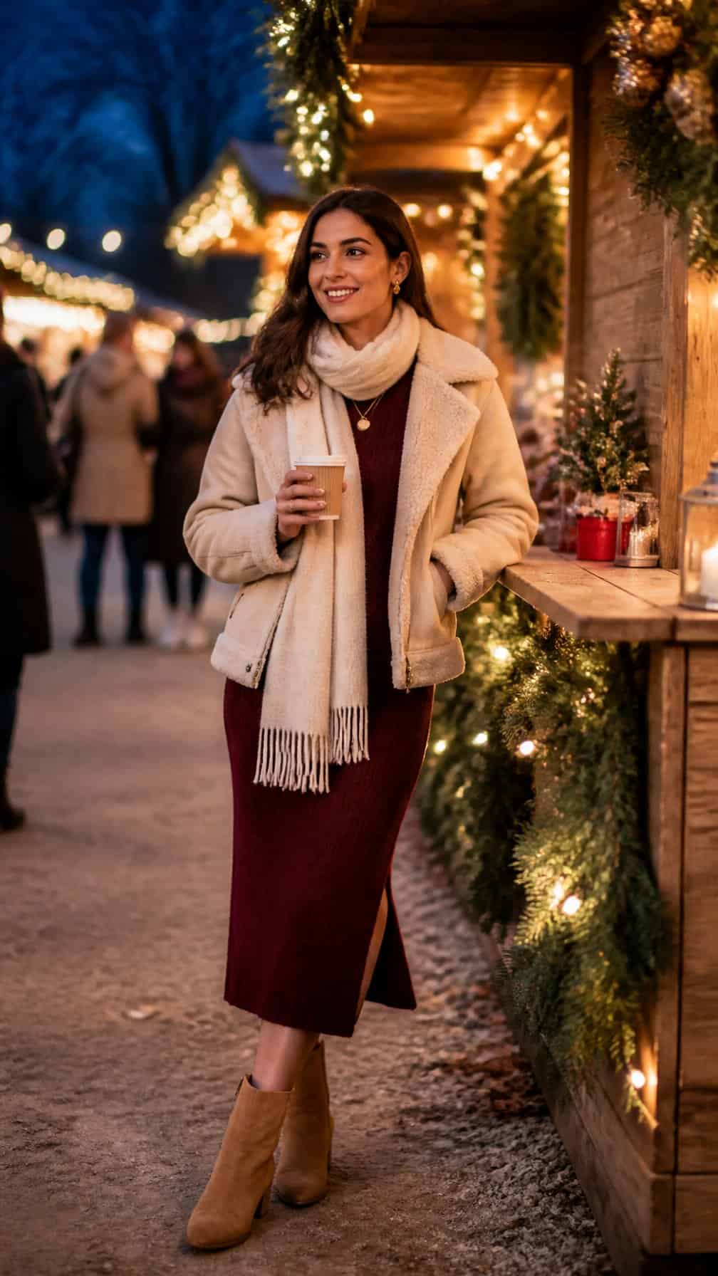 A woman in a shearling jacket and knit dress visits a warmly lit outdoor Christmas market.