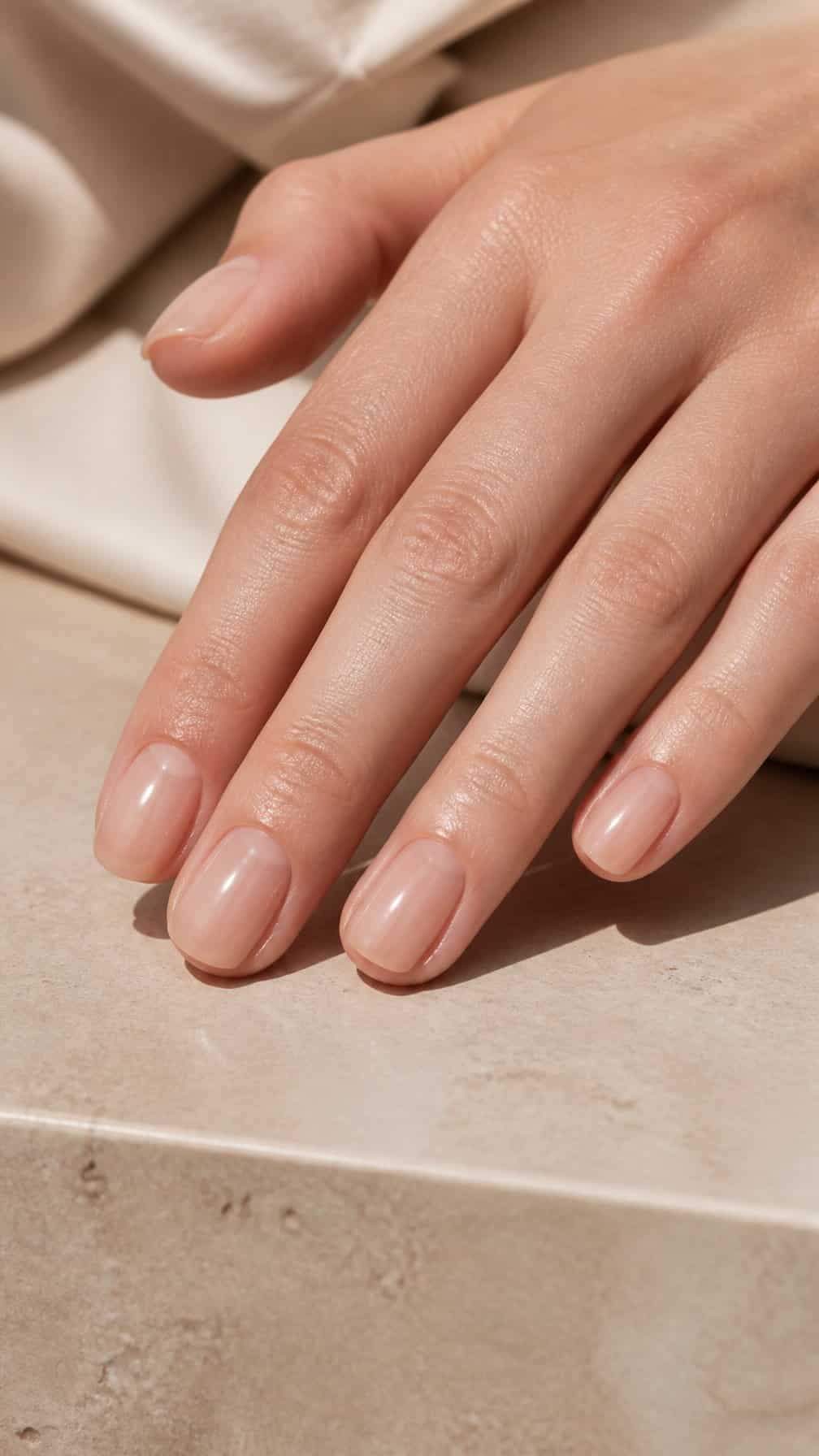 A hand with short glossy beige nails resting on a neutral surface.