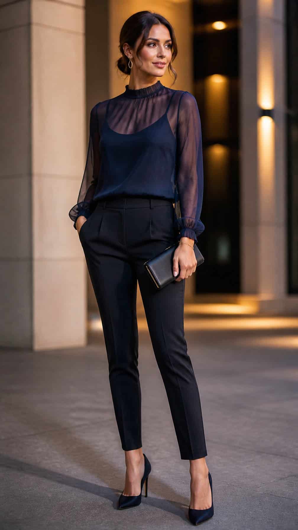 A woman wearing a sheer blouse, tailored cigarette pants, and heels stands in an upscale urban setting.