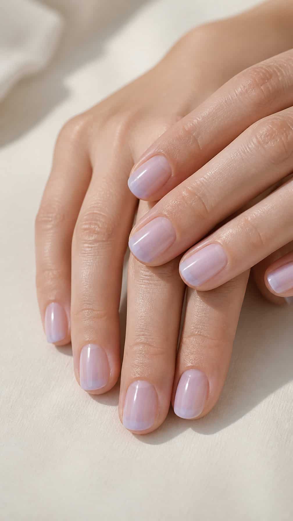 Close-up of well-groomed hands with short nails painted a translucent lavender tint.