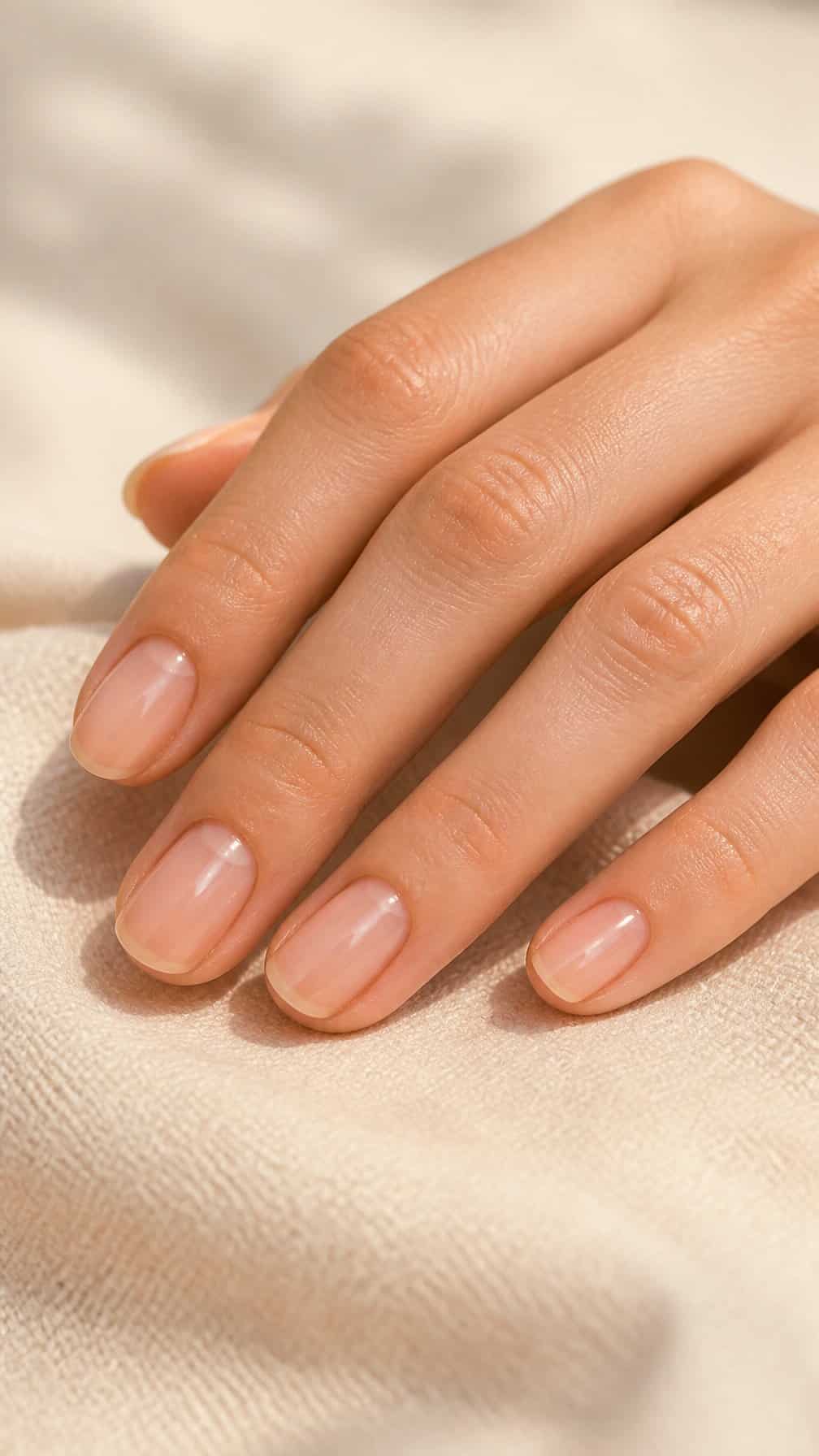Close-up of a hand with short, naturally shaped nails coated in sheer nude gloss.