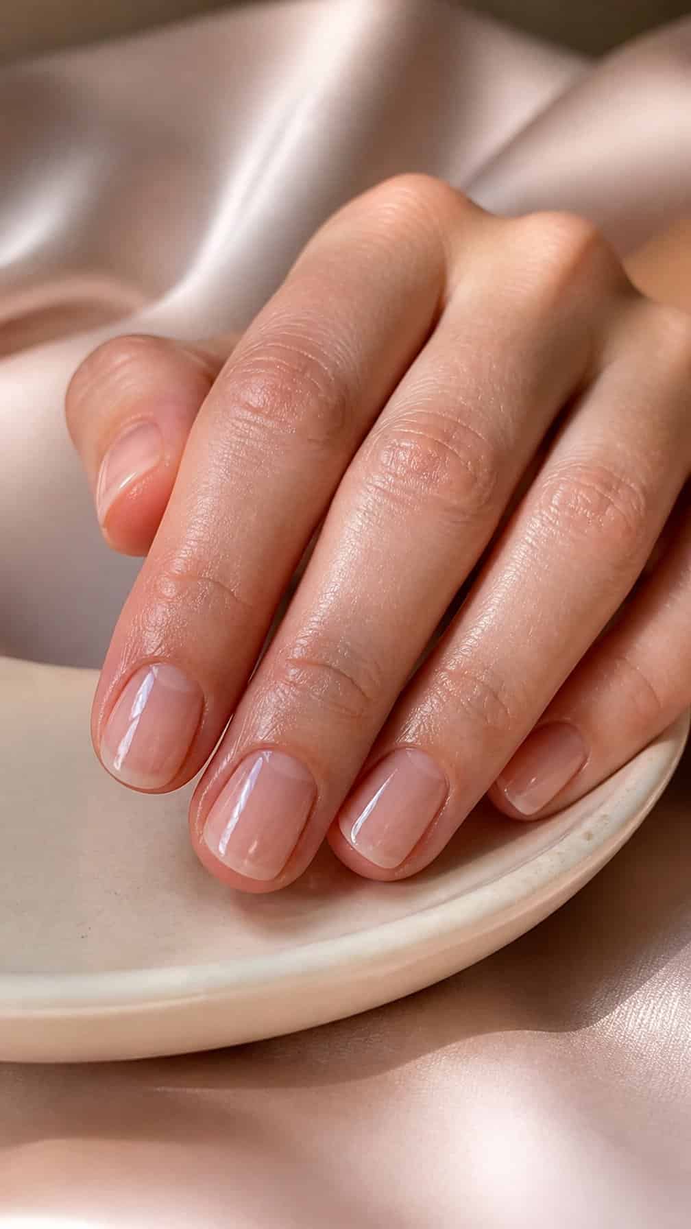 A close-up of a hand with short, glossy translucent pink nails resting on a neutral surface.