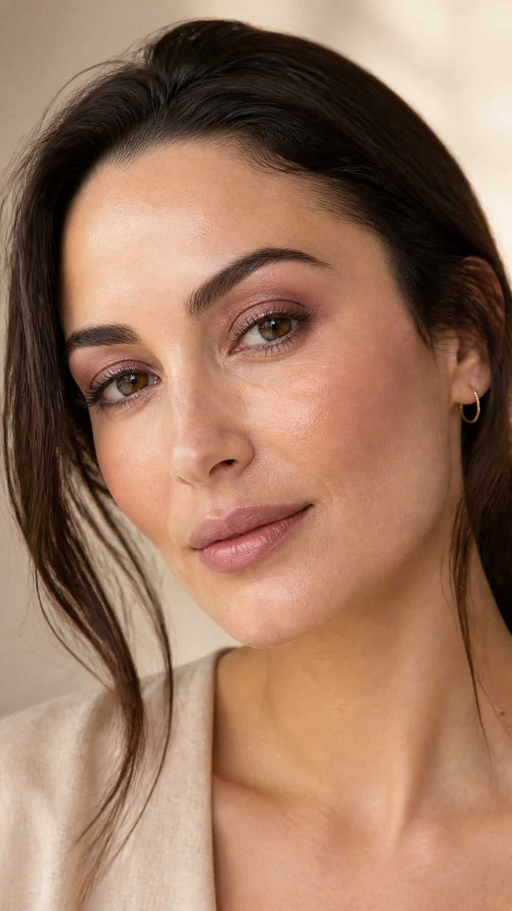 Close-up portrait of a woman wearing sheer complexion makeup and soft mauve eyeshadow.