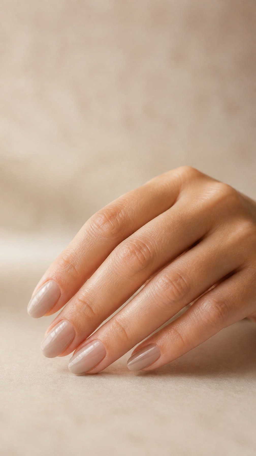 A hand with neatly manicured sheer taupe nails rests on a neutral surface.