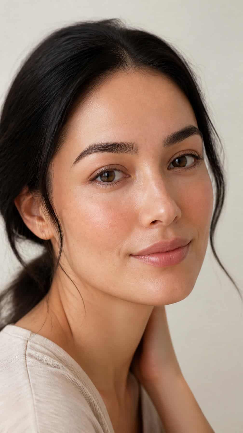 Close-up portrait of a woman with naturally groomed tinted eyebrows and minimal makeup.