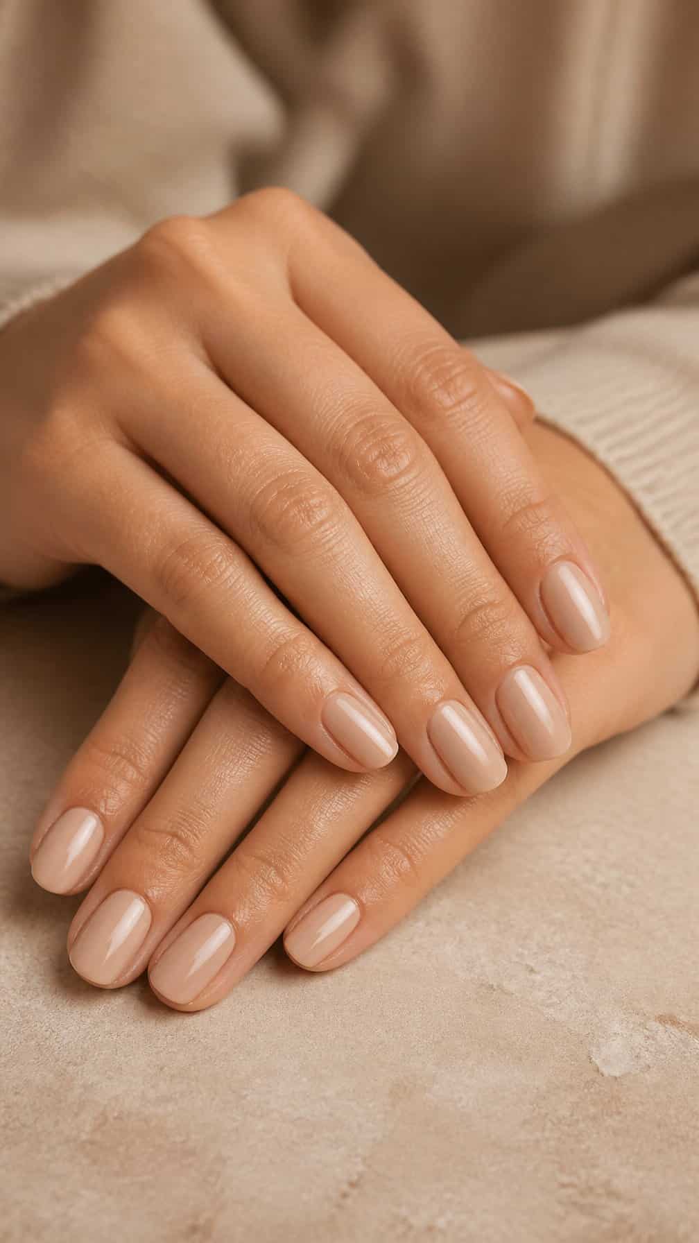Hands with short almond-shaped nude glossy nails resting on a neutral surface.