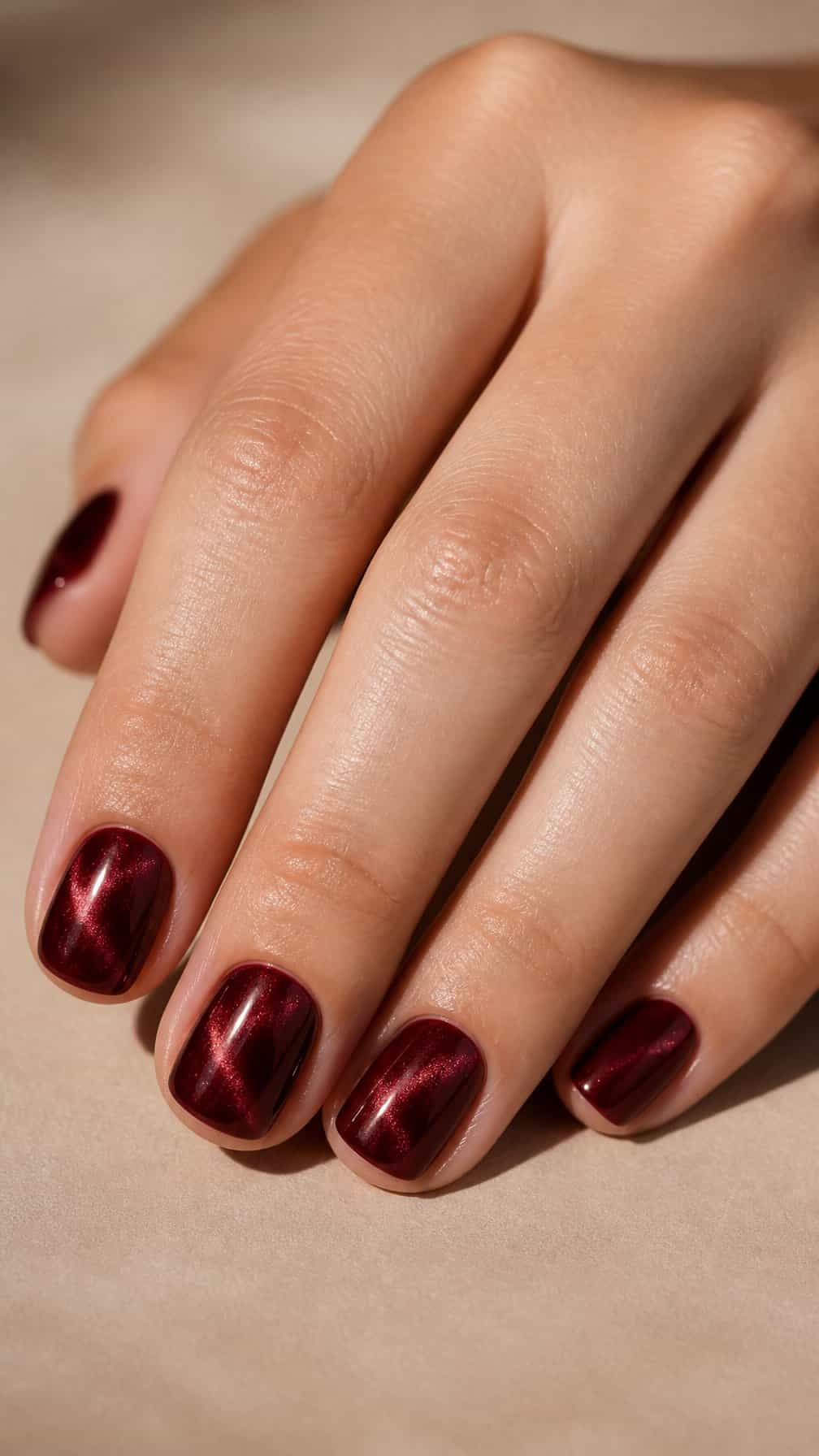 A hand with short burgundy velvet-finish nails resting on a neutral surface.