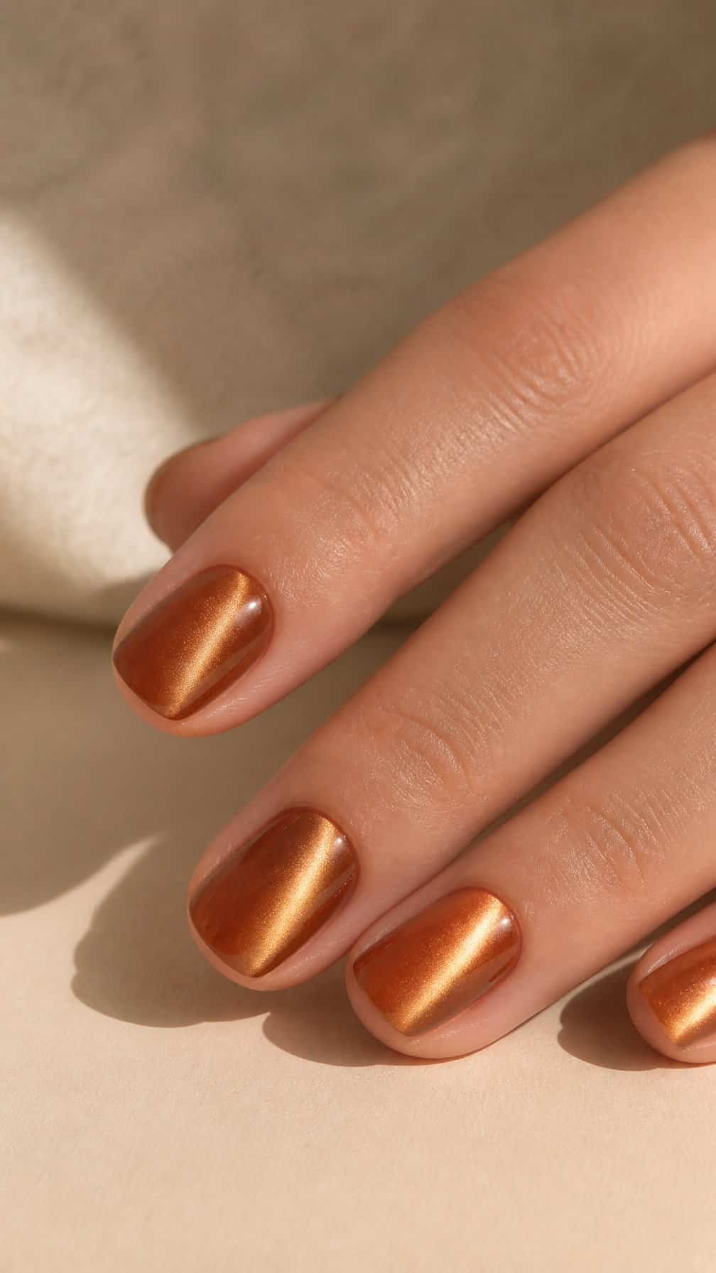 A hand with short glossy caramel cat-eye nails resting on a neutral surface.