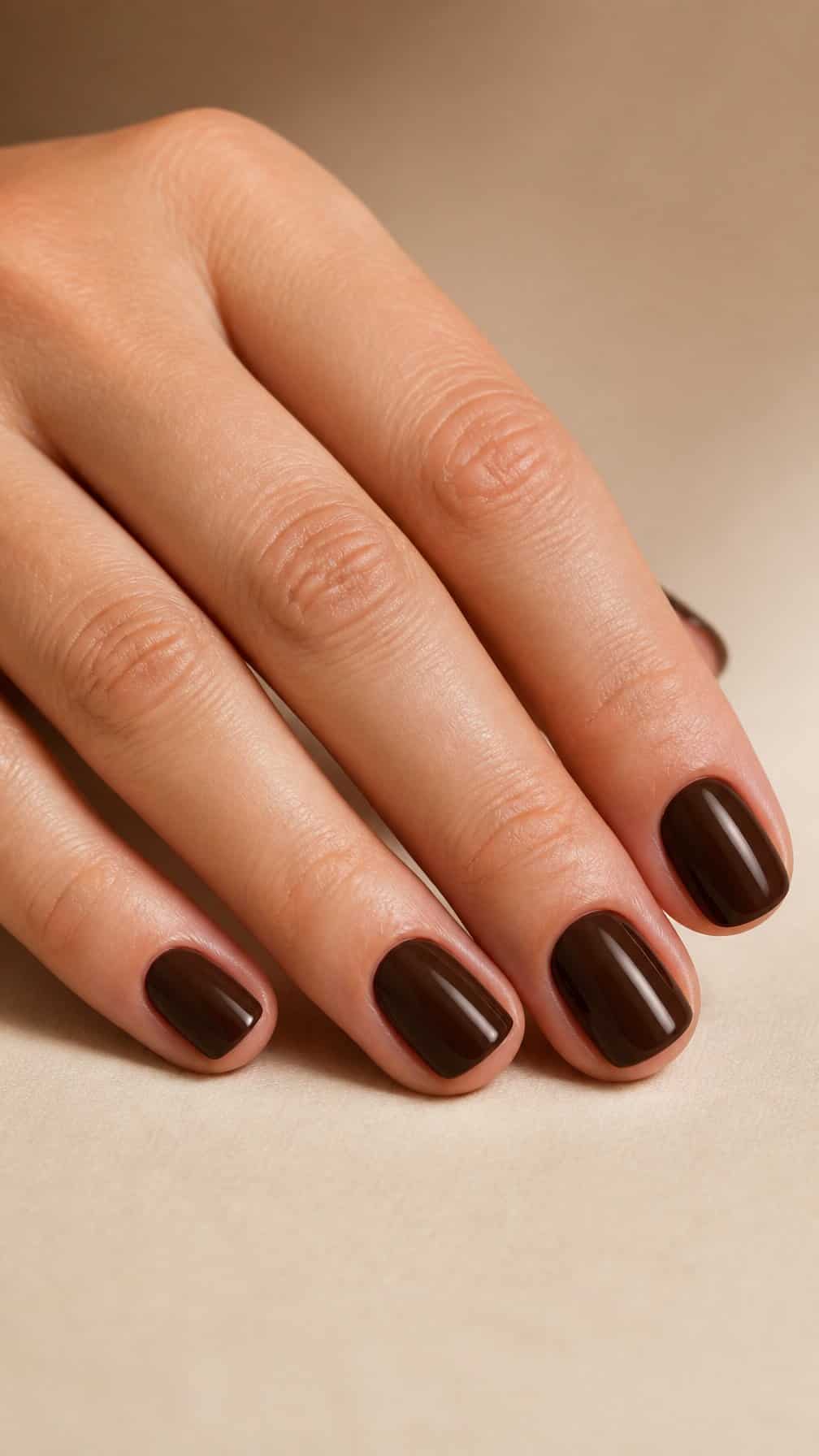A hand with short glossy espresso-brown nails resting on a neutral surface.