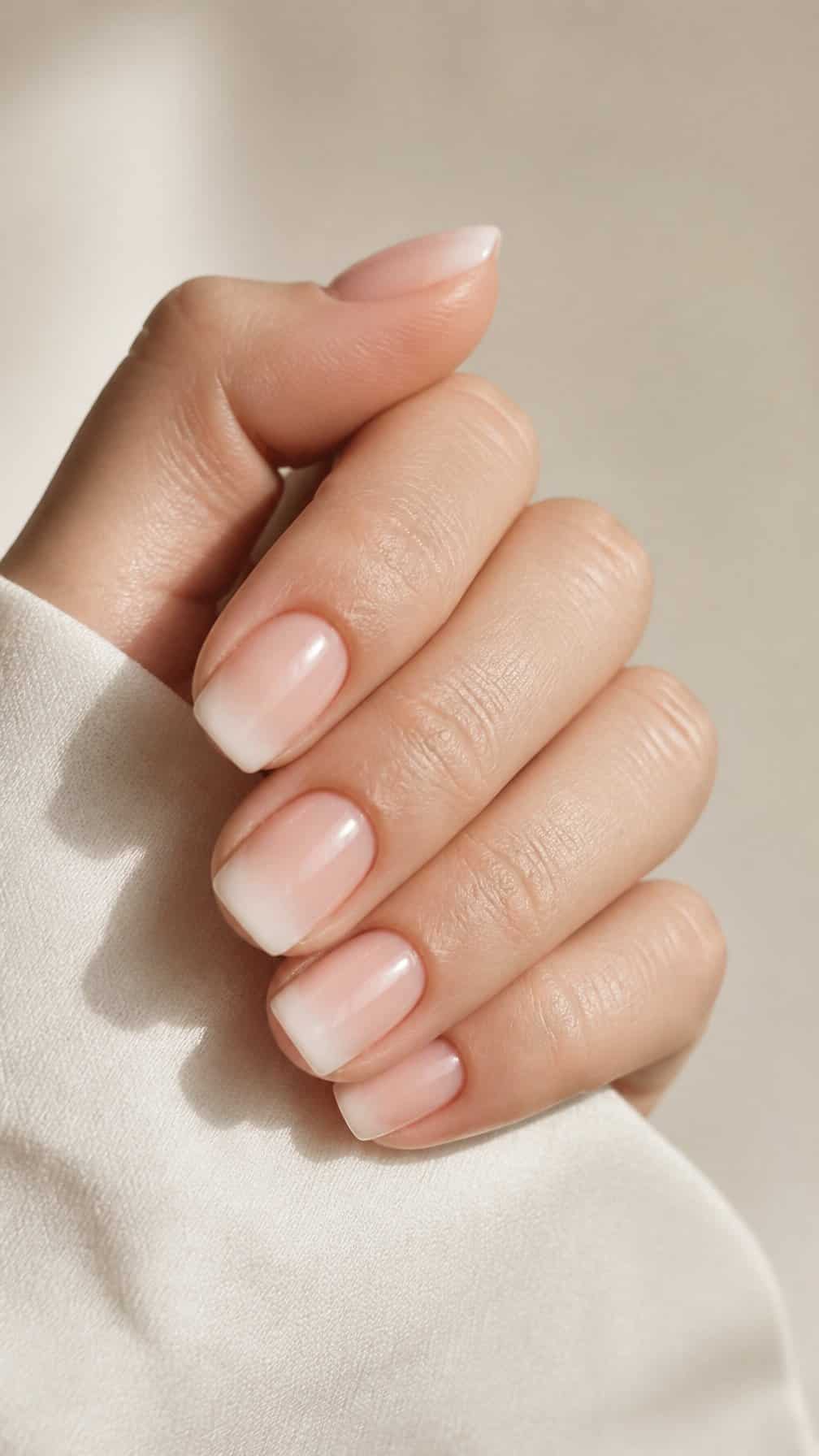 A hand with short, softly rounded nails painted in a pale pink-to-white French fade manicure.