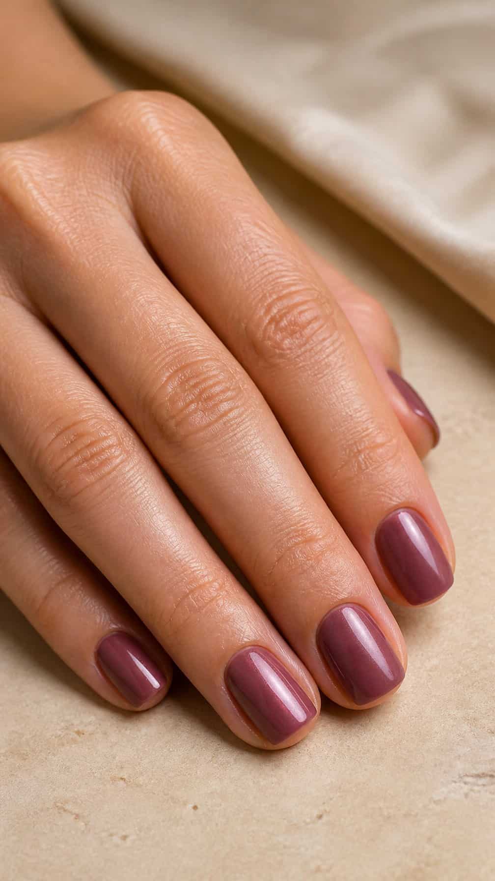 A hand with short mauve-colored nails resting on a neutral surface.