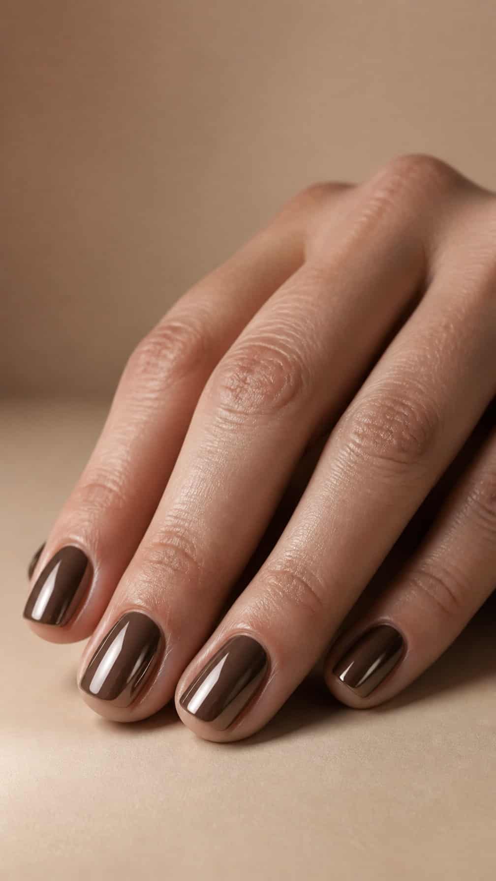 A hand with short glossy mocha-brown chrome nails resting on a neutral surface.