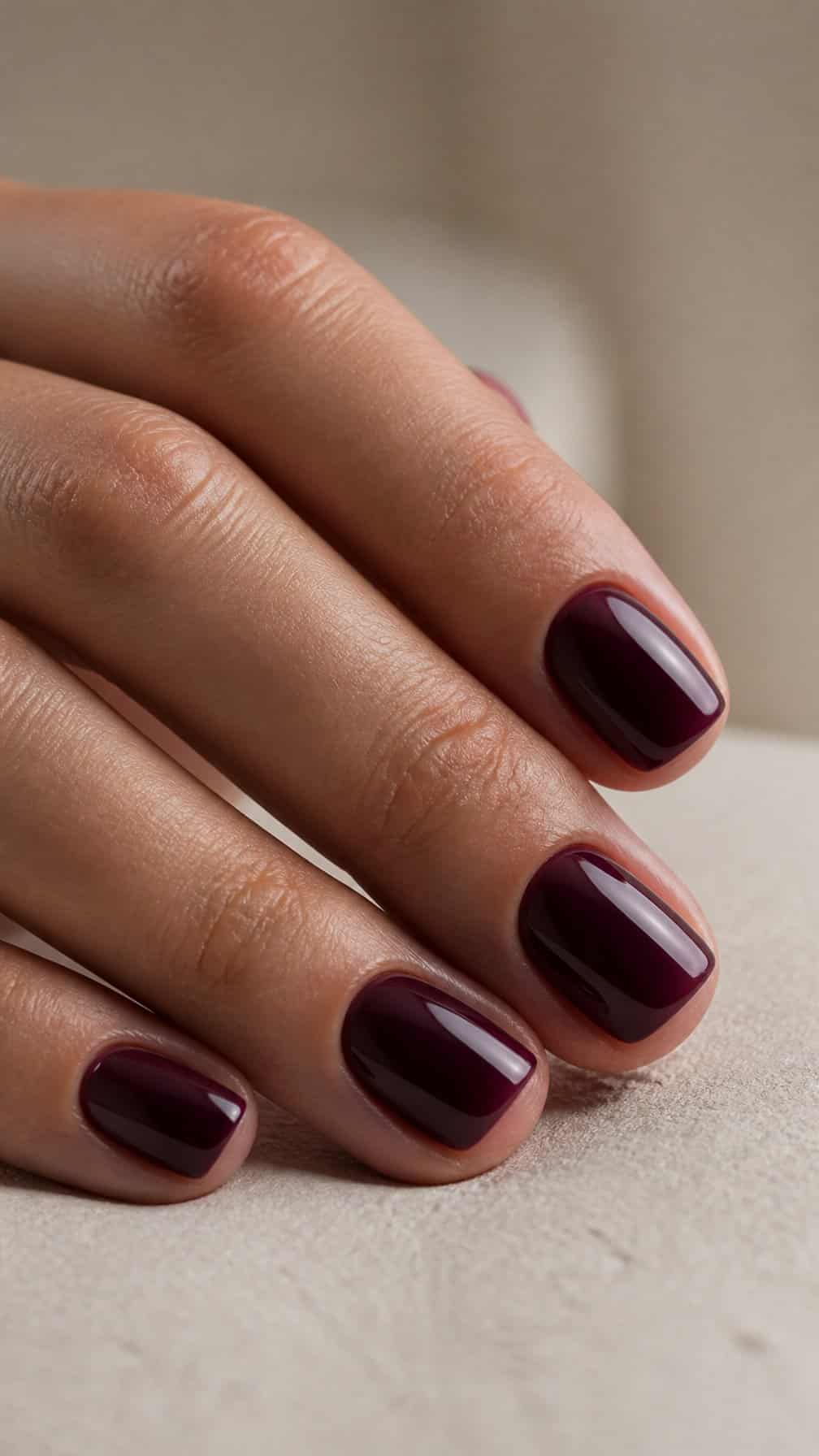 A hand with short glossy plum-colored nails resting on a neutral surface.