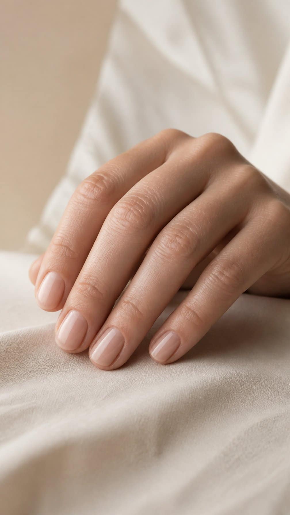 A hand with short, rounded nails painted in a natural nude shade rests on a neutral surface.