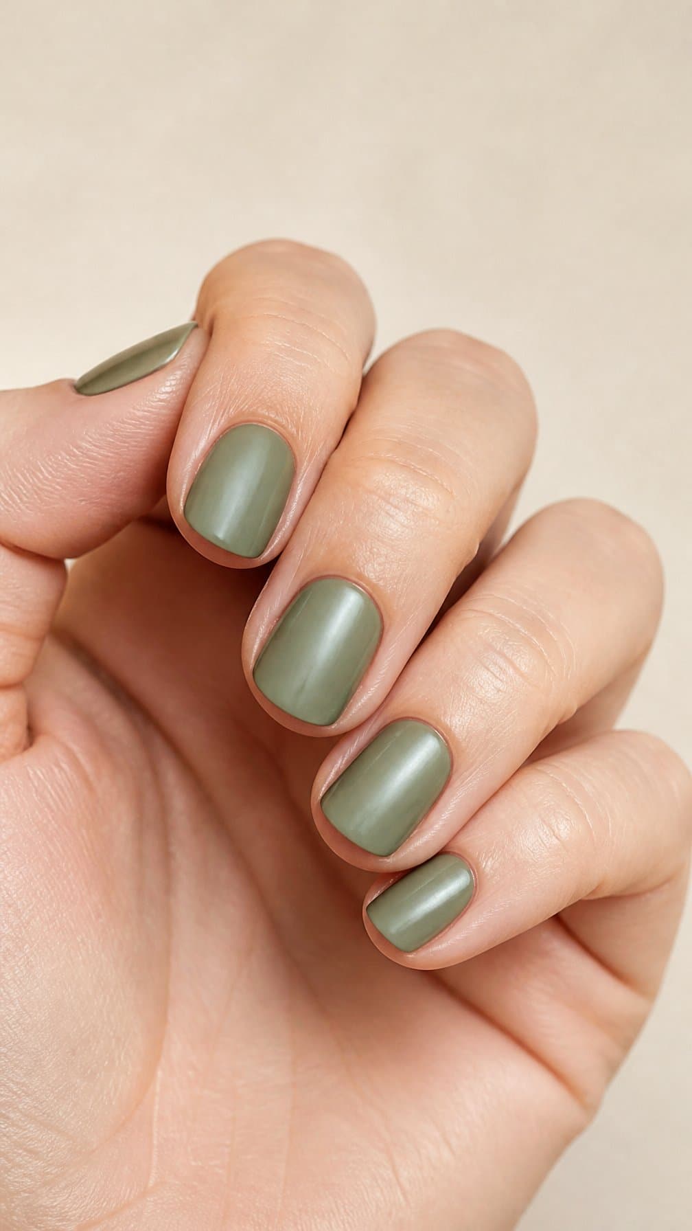 A hand with short sage green satin-finish nails against a light background.