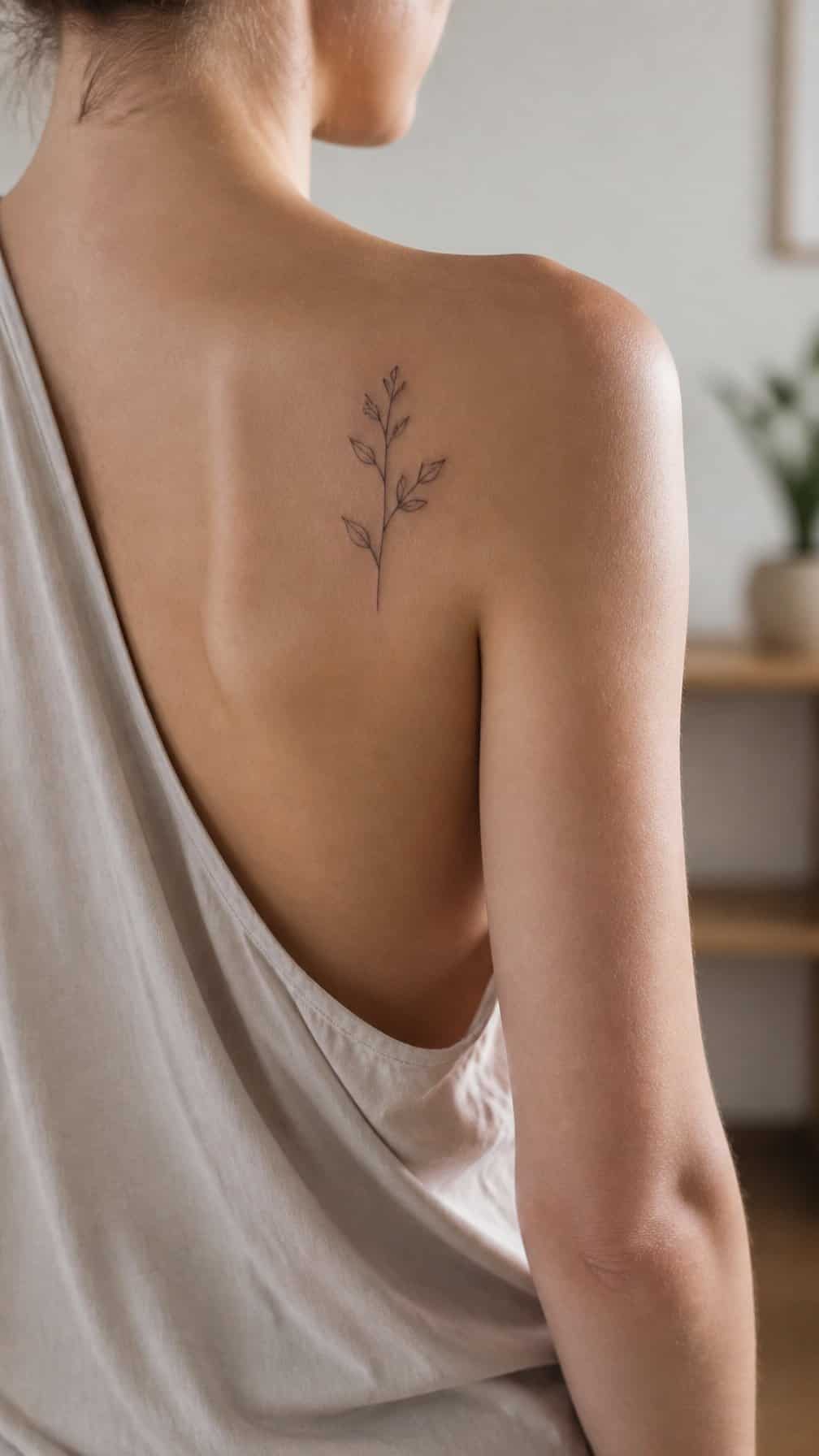 Adult person showing a small artistic tattoo placed on the shoulder blade.