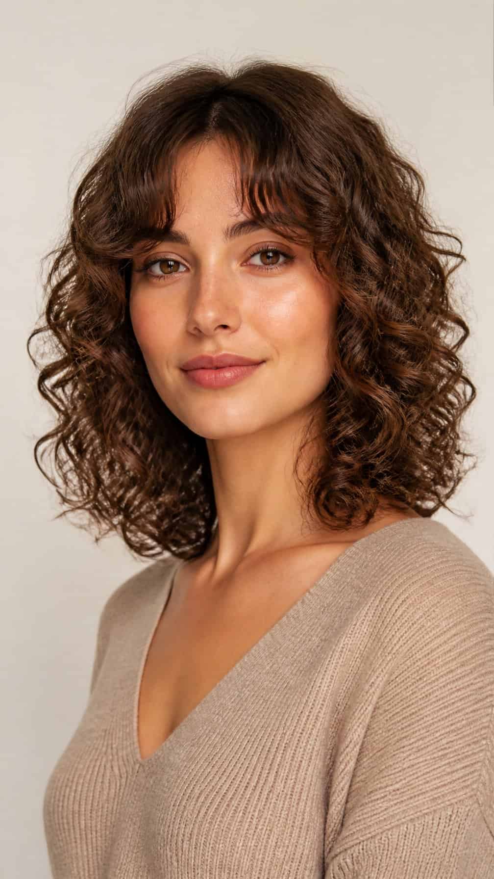 Woman with shoulder-length curly hair and curtain bangs posing against a light background.
