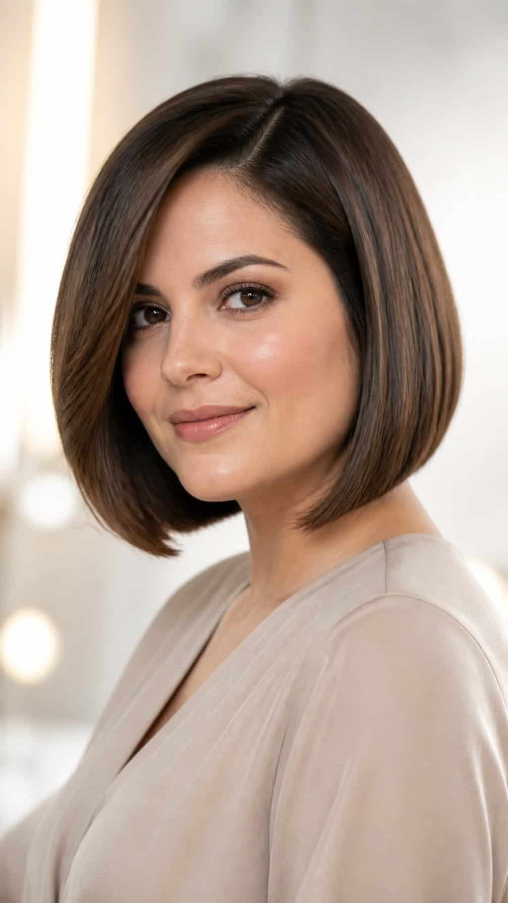 Woman with a sleek side-parted bob haircut posing against a light background.